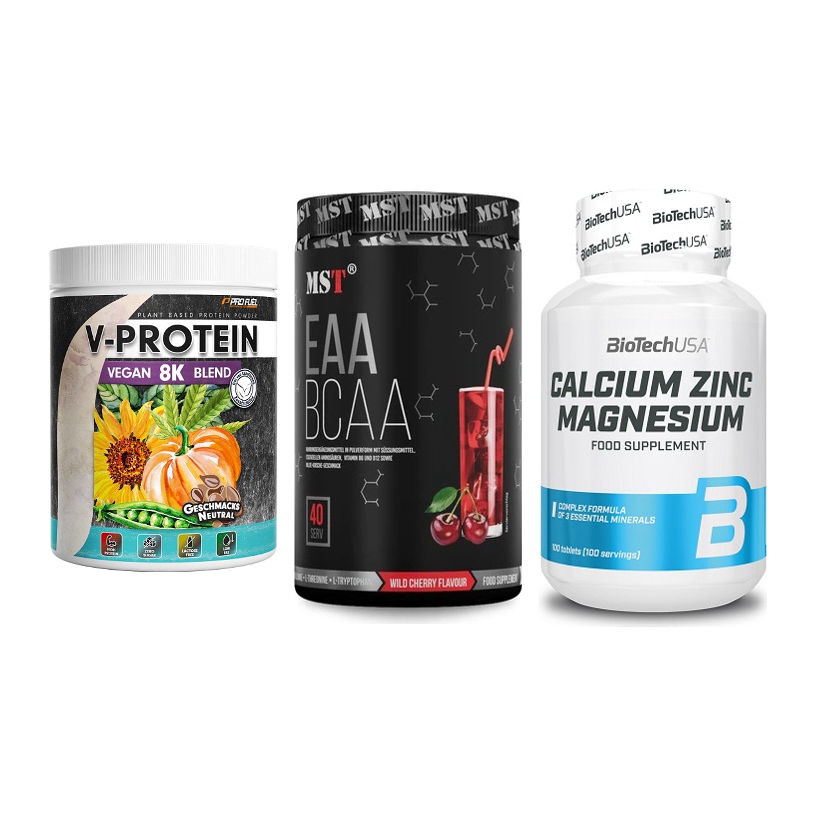 Pflanzliches Set: ProFuel V-Prote + MST EAA & BCAA + BioTech Calcium – alle enthaltenen Artikel
