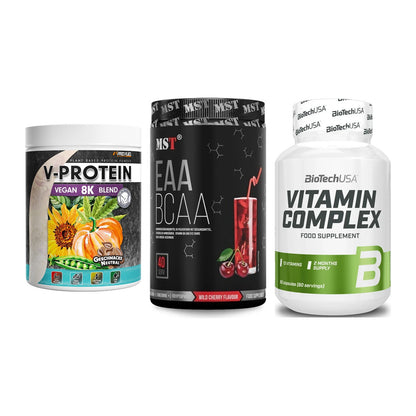 Pflanzliches Set: ProFuel V-Prote + MST EAA & BCAA + BioTech Vitamin – alle enthaltenen Artikel