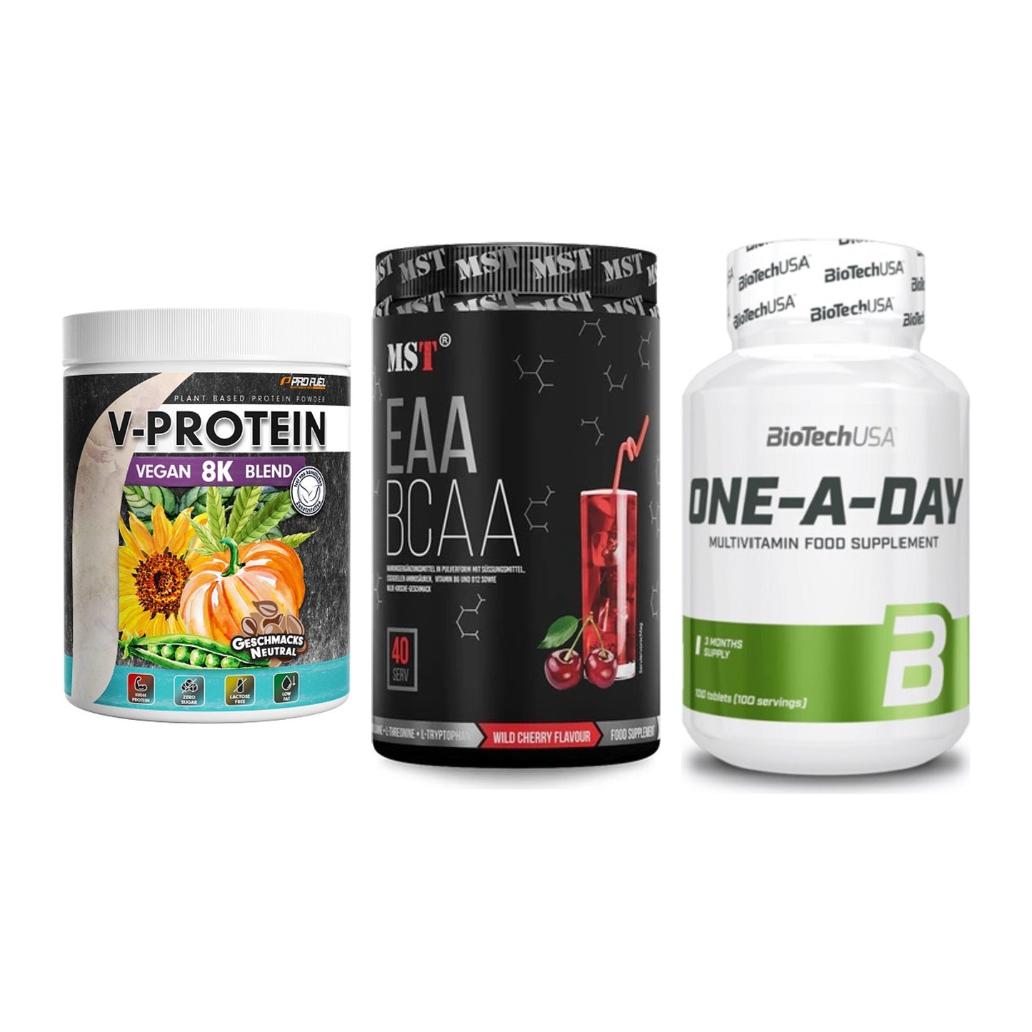 Pflanzliches Set: ProFuel V-Prote + MST EAA & BCAA + BioTech One A – alle enthaltenen Artikel