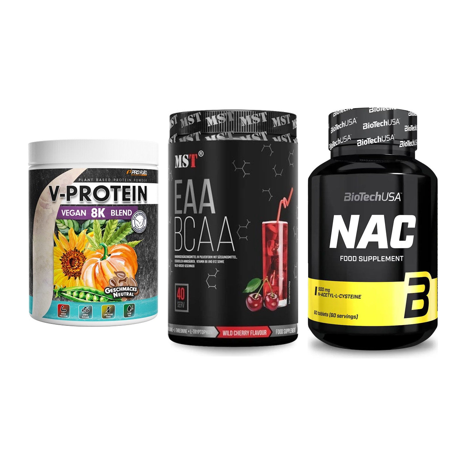 Pflanzliches Set: ProFuel V-Prote + MST EAA & BCAA + BioTech NAC – alle enthaltenen Artikel