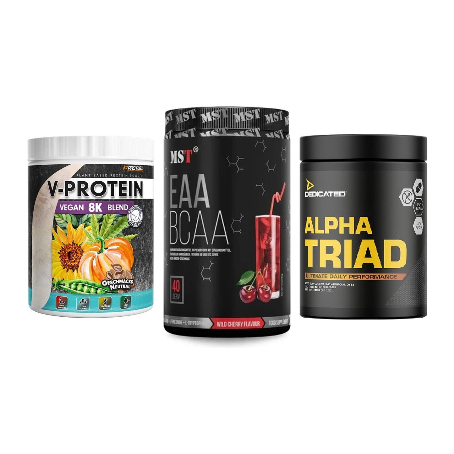 Pflanzliches Set: ProFuel V-Prote + MST EAA & BCAA + Dedicated Alpha – alle enthaltenen Artikel