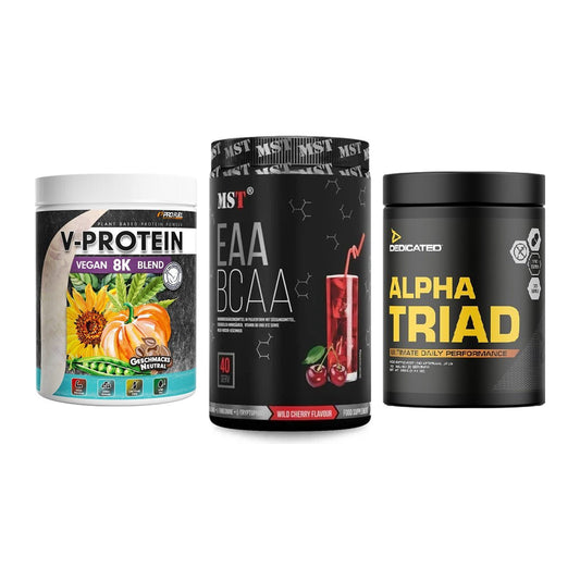 Pflanzliches Set: ProFuel V-Prote + MST EAA & BCAA + Dedicated Alpha – alle enthaltenen Artikel