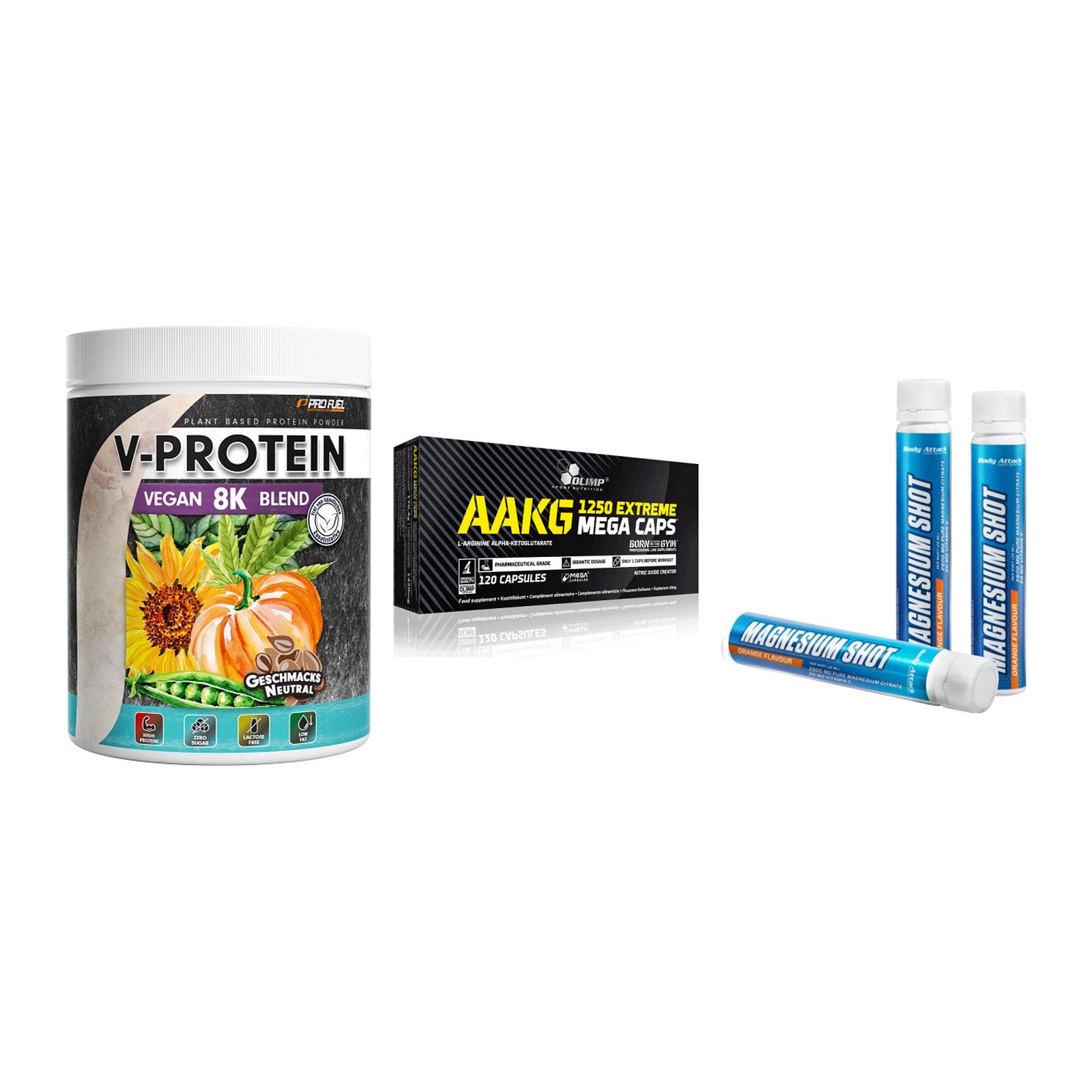 Pflanzliches Set: ProFuel V-Prote + Olimp AAKG + Body Attack – alle enthaltenen Artikel