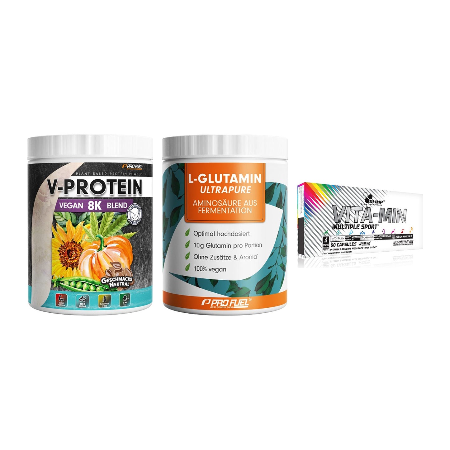 Pflanzliches Set: ProFuel V-Prote + ProFuel Glutami + Olimp Vita-Min – alle enthaltenen Artikel