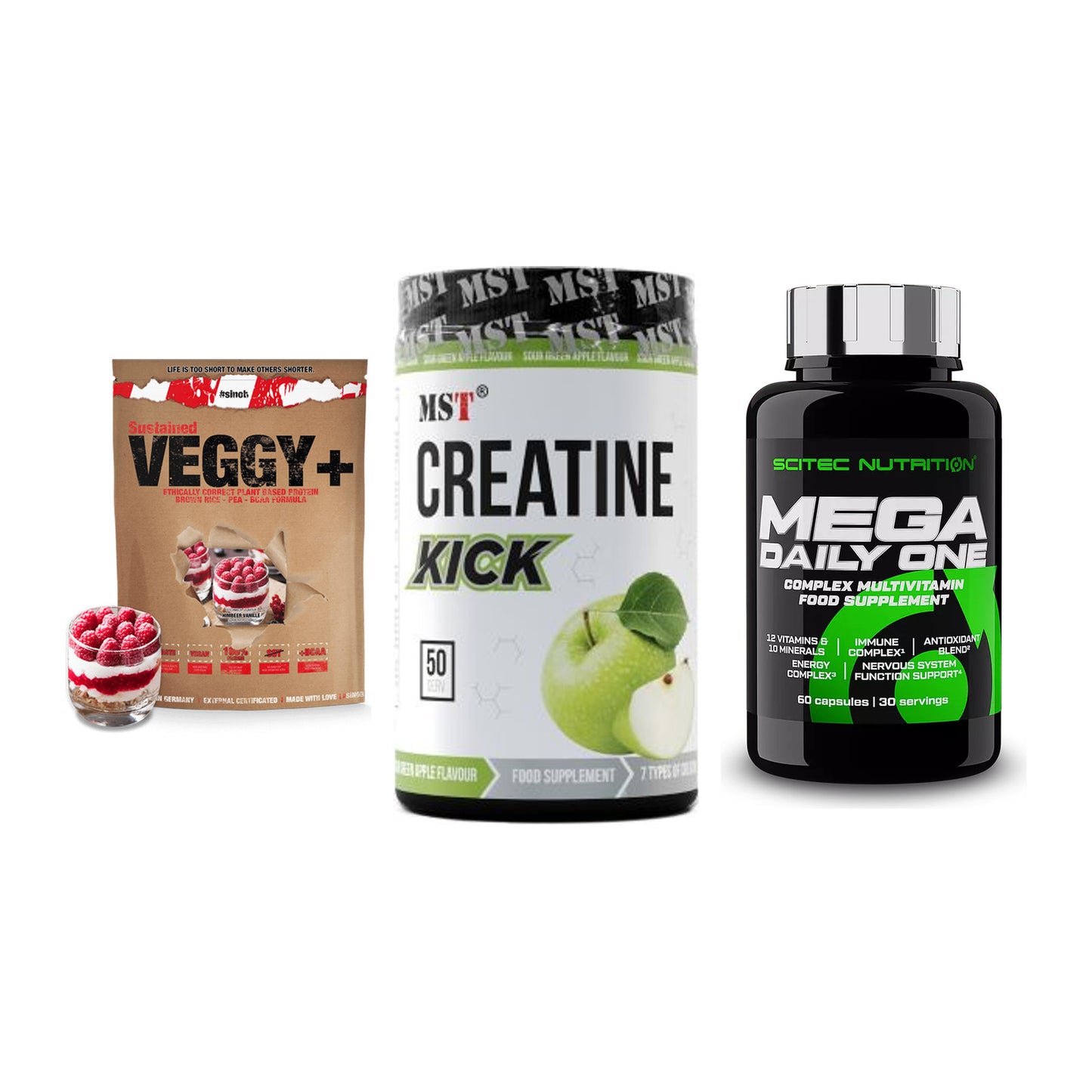 Pflanzliches Set: Sinob VEGGY + MST Creatine + Scitec Mega – alle enthaltenen Artikel