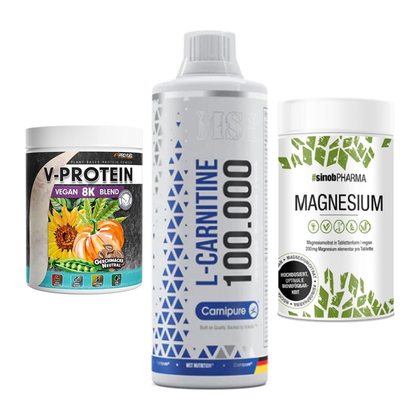 Pflanzliches Set: ProFuel V-Prote + MST L-Carnitine + Sinob Magnesium – alle enthaltenen Artikel
