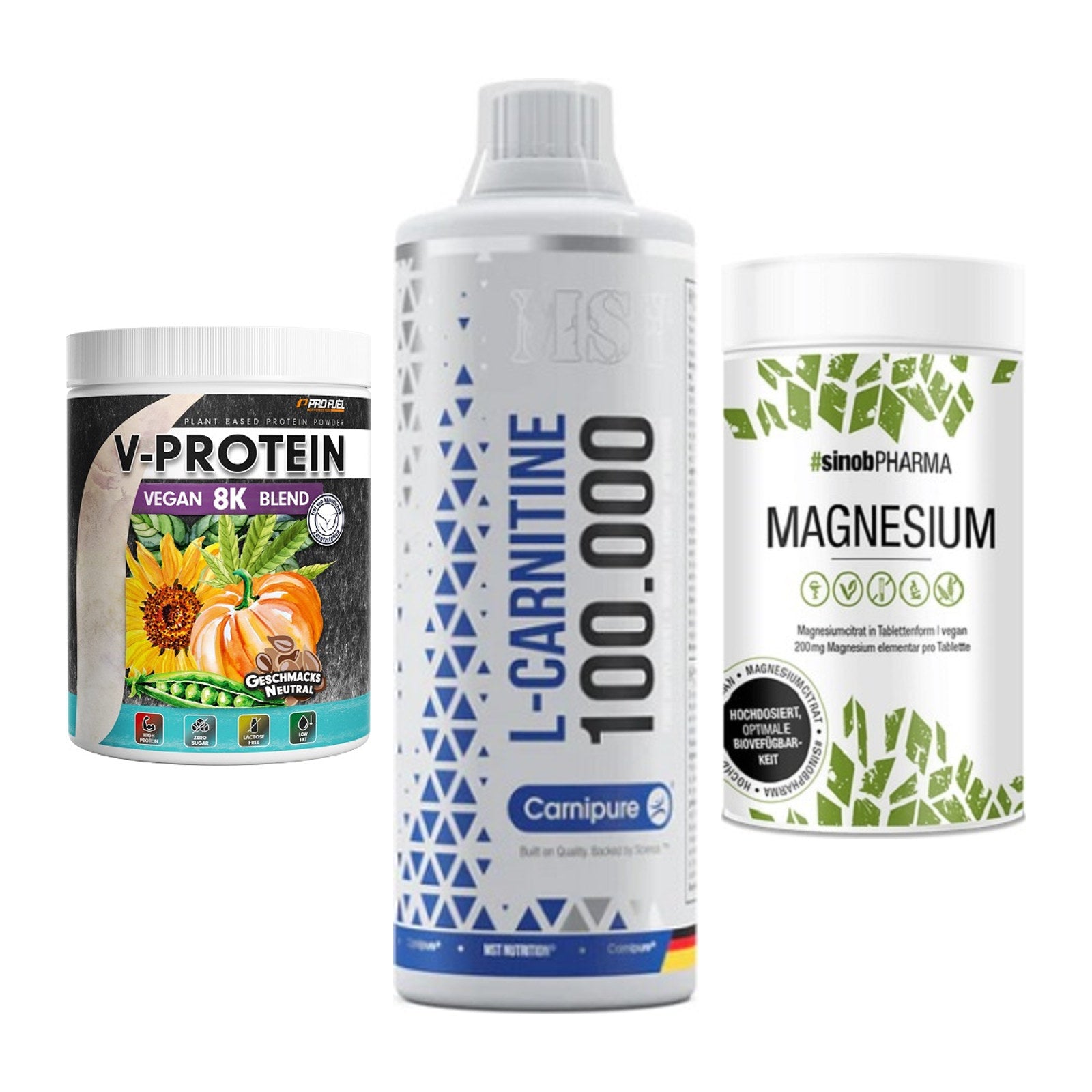 Pflanzliches Set: ProFuel V-Prote + MST L-Carnitine + Sinob Magnesium – alle enthaltenen Artikel