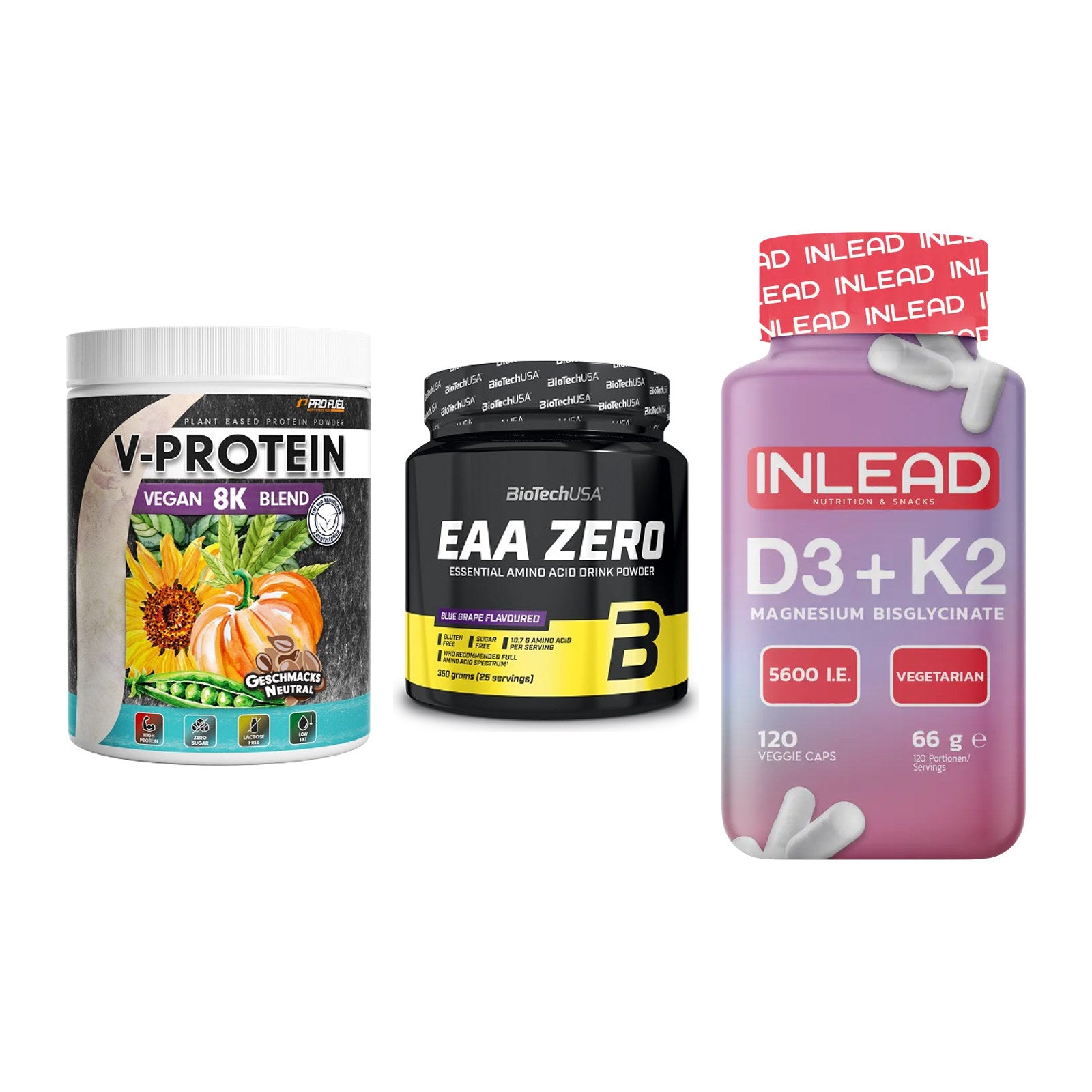 Pflanzliches Set: ProFuel V-Prote + BioTech EAA + INLEAD Vitamin – alle enthaltenen Artikel