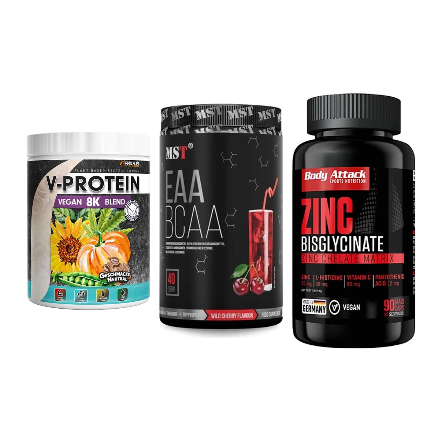 Pflanzliches Set: ProFuel V-Prote + MST EAA & BCAA + Body Attack – alle enthaltenen Artikel