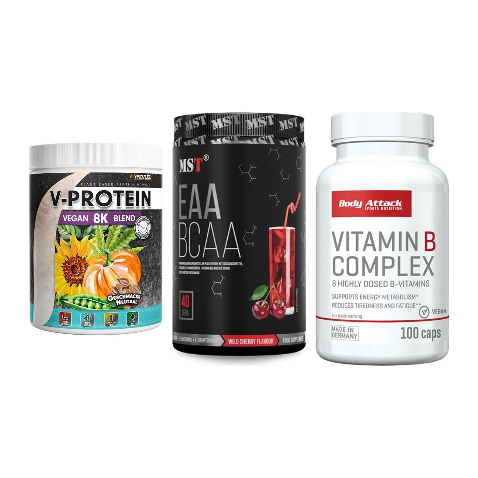 Pflanzliches Set: ProFuel V-Prote + MST EAA & BCAA + Body Attack – alle enthaltenen Artikel