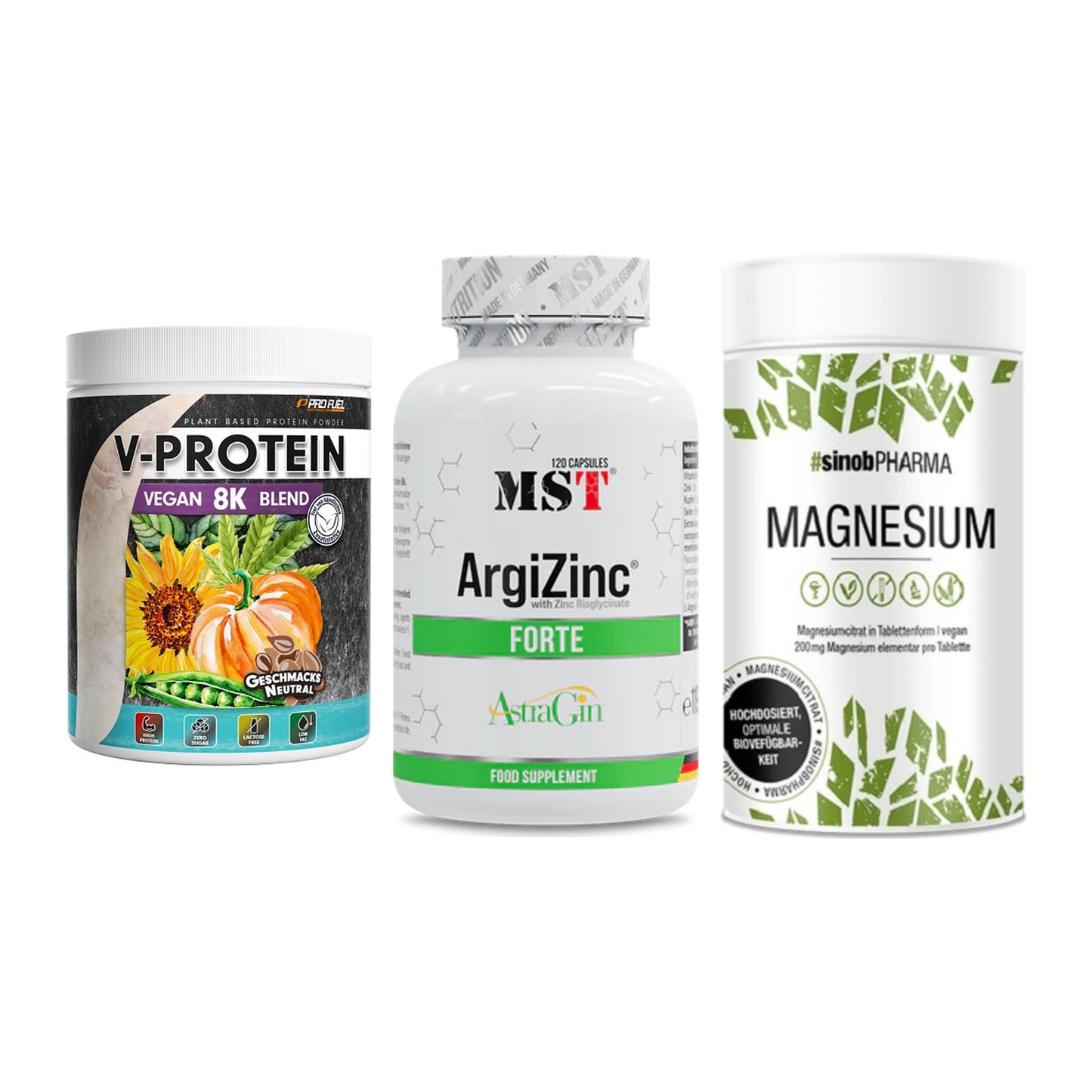 Pflanzliches Set: ProFuel V-Prote + MST ArgiZinc + Sinob Magnesium – alle enthaltenen Artikel