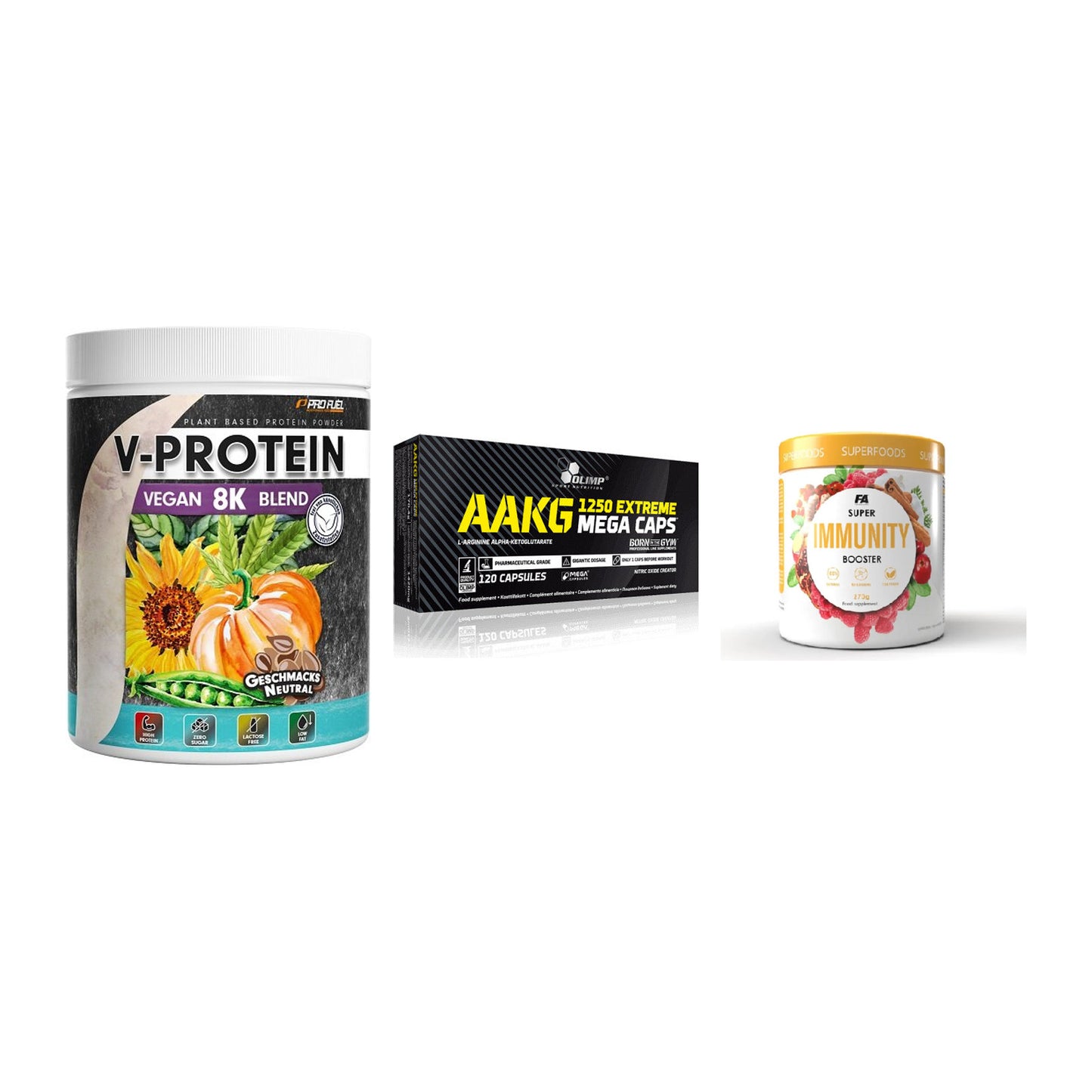 Pflanzliches Set: ProFuel V-Prote + Olimp AAKG + FA Nutrition – alle enthaltenen Artikel