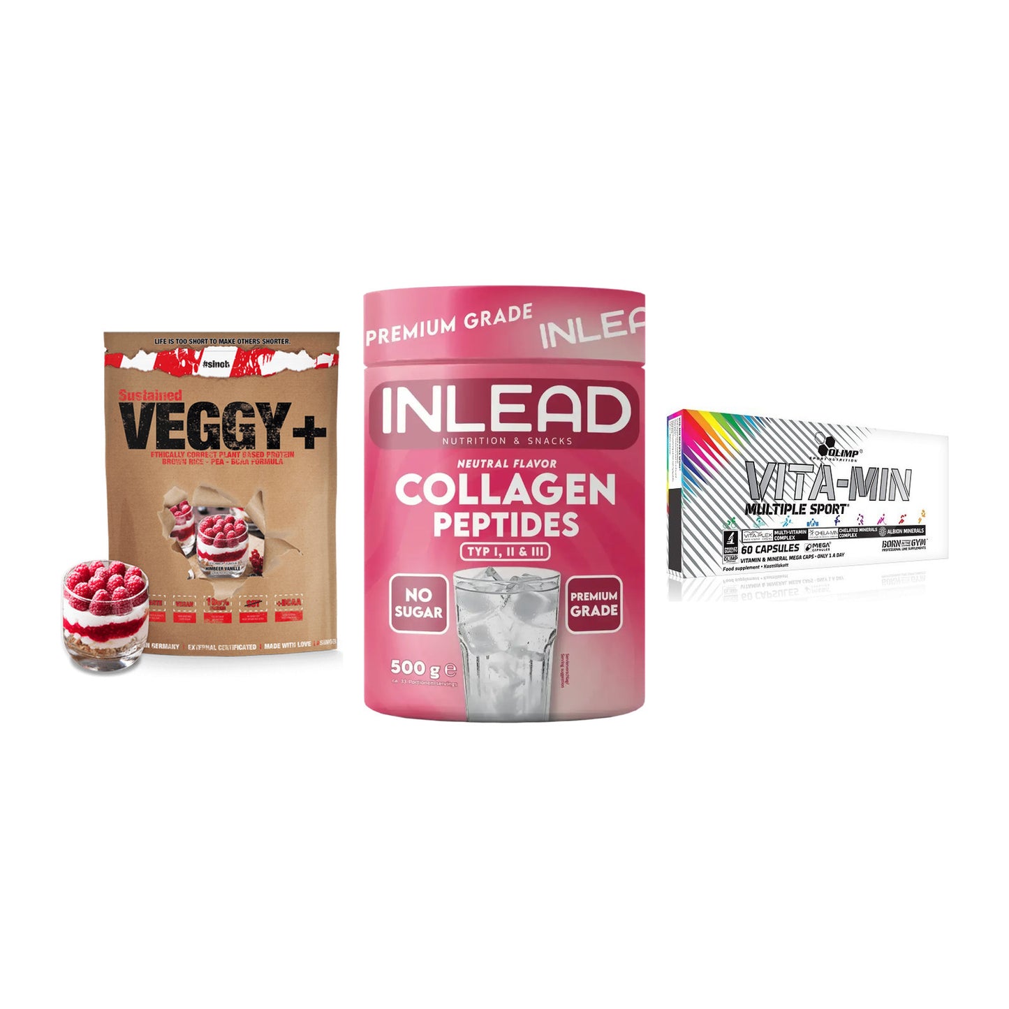 Pflanzliches Set: Sinob VEGGY + INLEAD Collagen + Olimp Vita-Min – alle enthaltenen Artikel