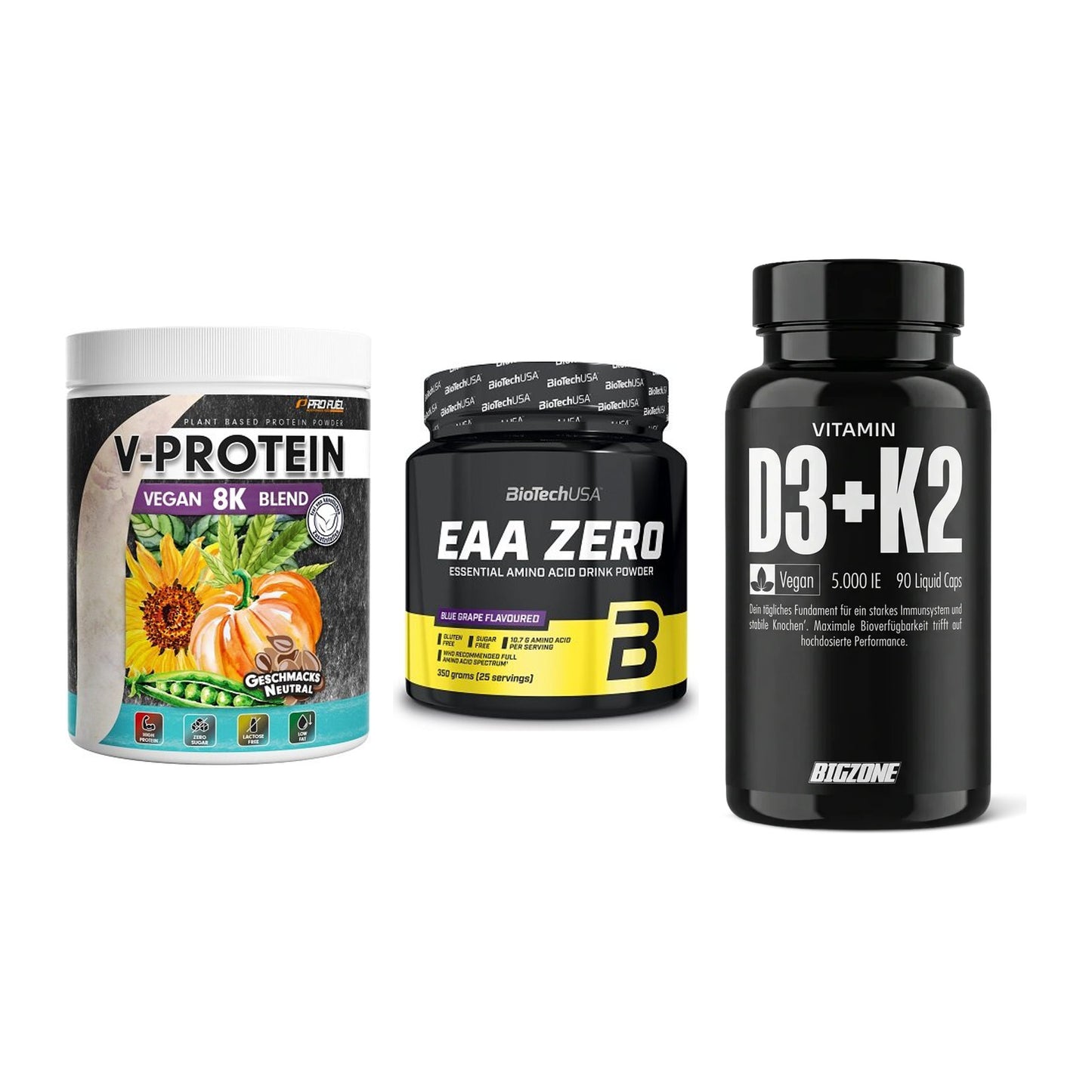 Pflanzliches Set: ProFuel V-Prote + BioTech EAA + Big Zone – alle enthaltenen Artikel