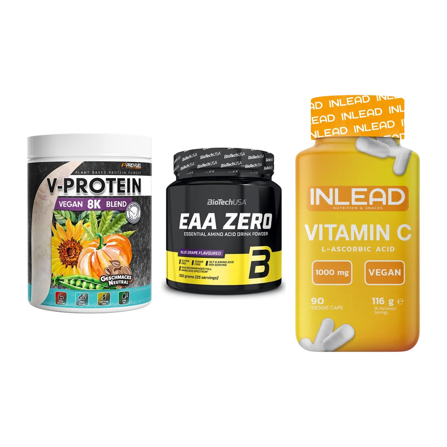 Pflanzliches Set: ProFuel V-Prote + BioTech EAA + INLEAD Vitamin – alle enthaltenen Artikel
