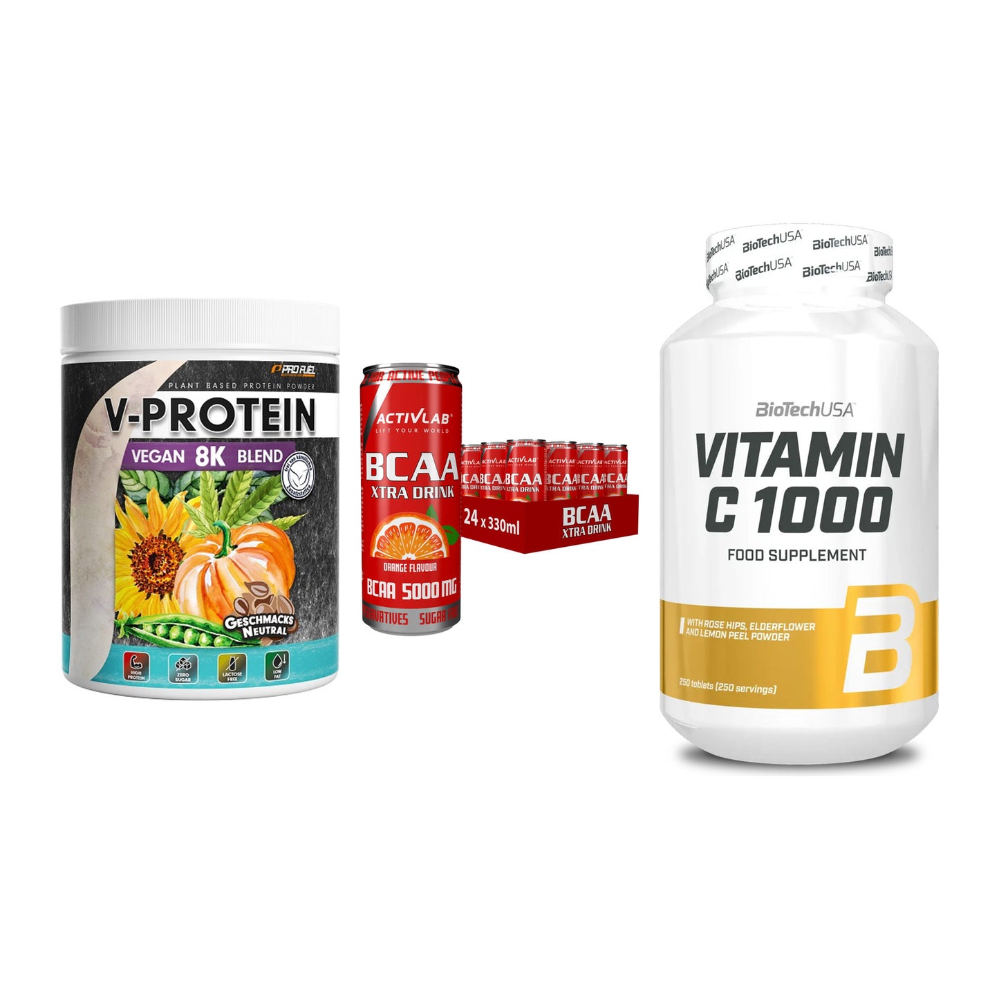 Pflanzliches Set: ProFuel V-Prote + Activlab BCAA + BioTech Vitamin – alle enthaltenen Artikel
