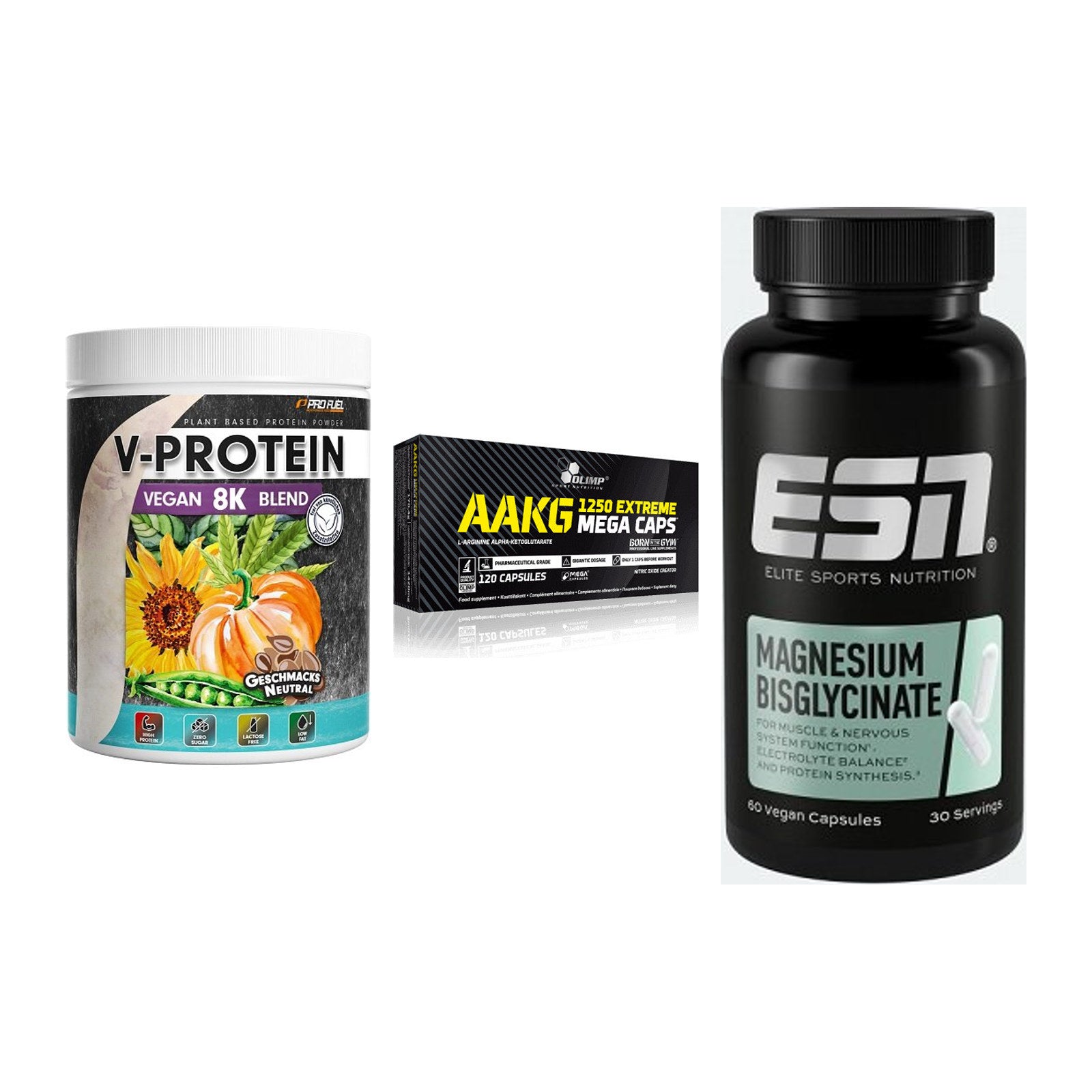 Pflanzliches Set: ProFuel V-Prote + Olimp AAKG + ESN Magnesium – alle enthaltenen Artikel