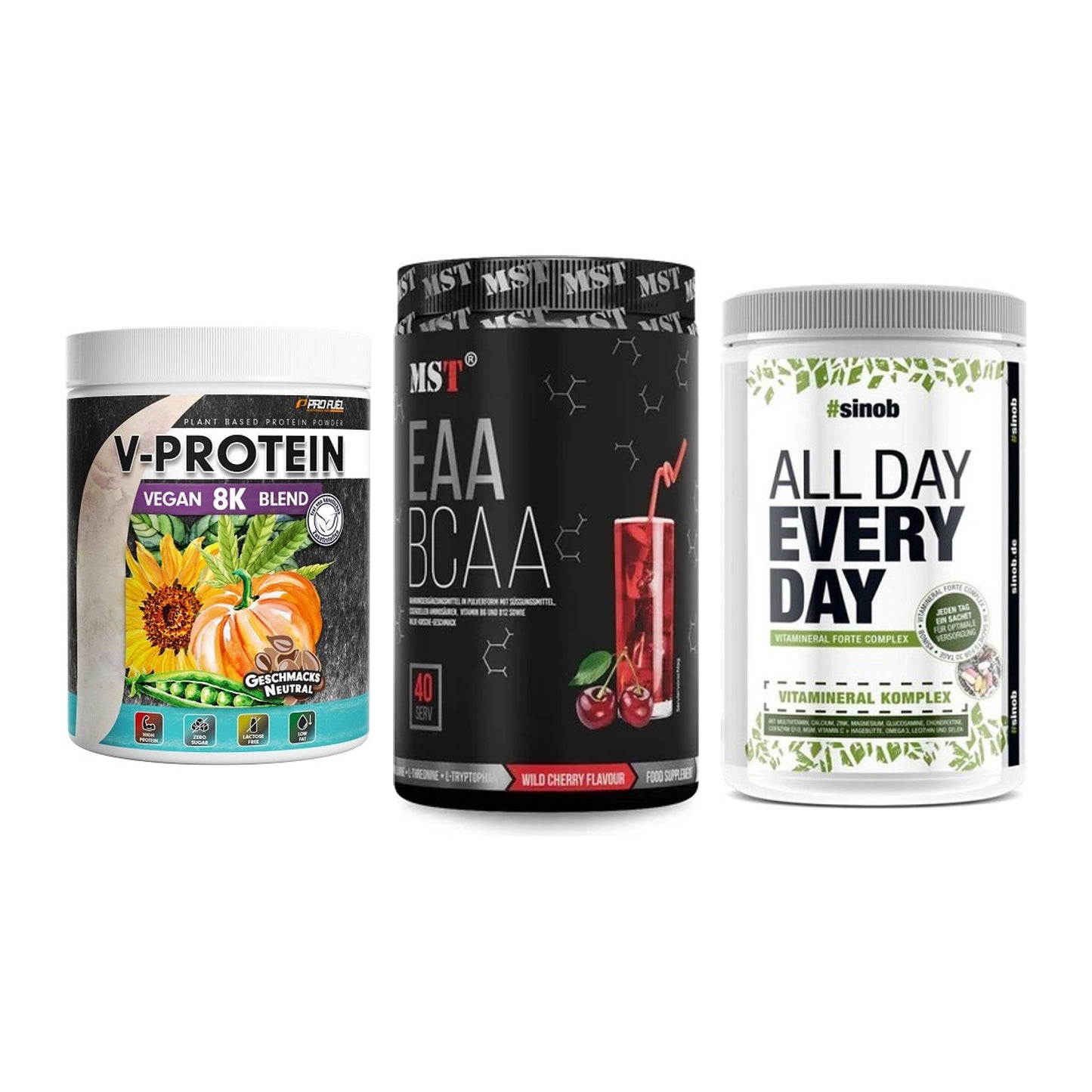 Pflanzliches Set: ProFuel V-Prote + MST EAA & BCAA + Sinob All Day – alle enthaltenen Artikel
