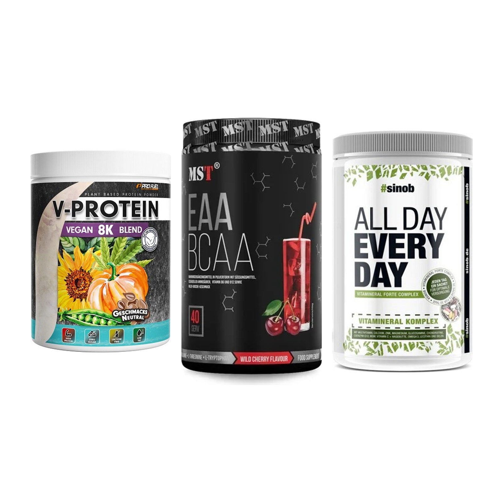 Pflanzliches Set: ProFuel V-Prote + MST EAA & BCAA + Sinob All Day – alle enthaltenen Artikel