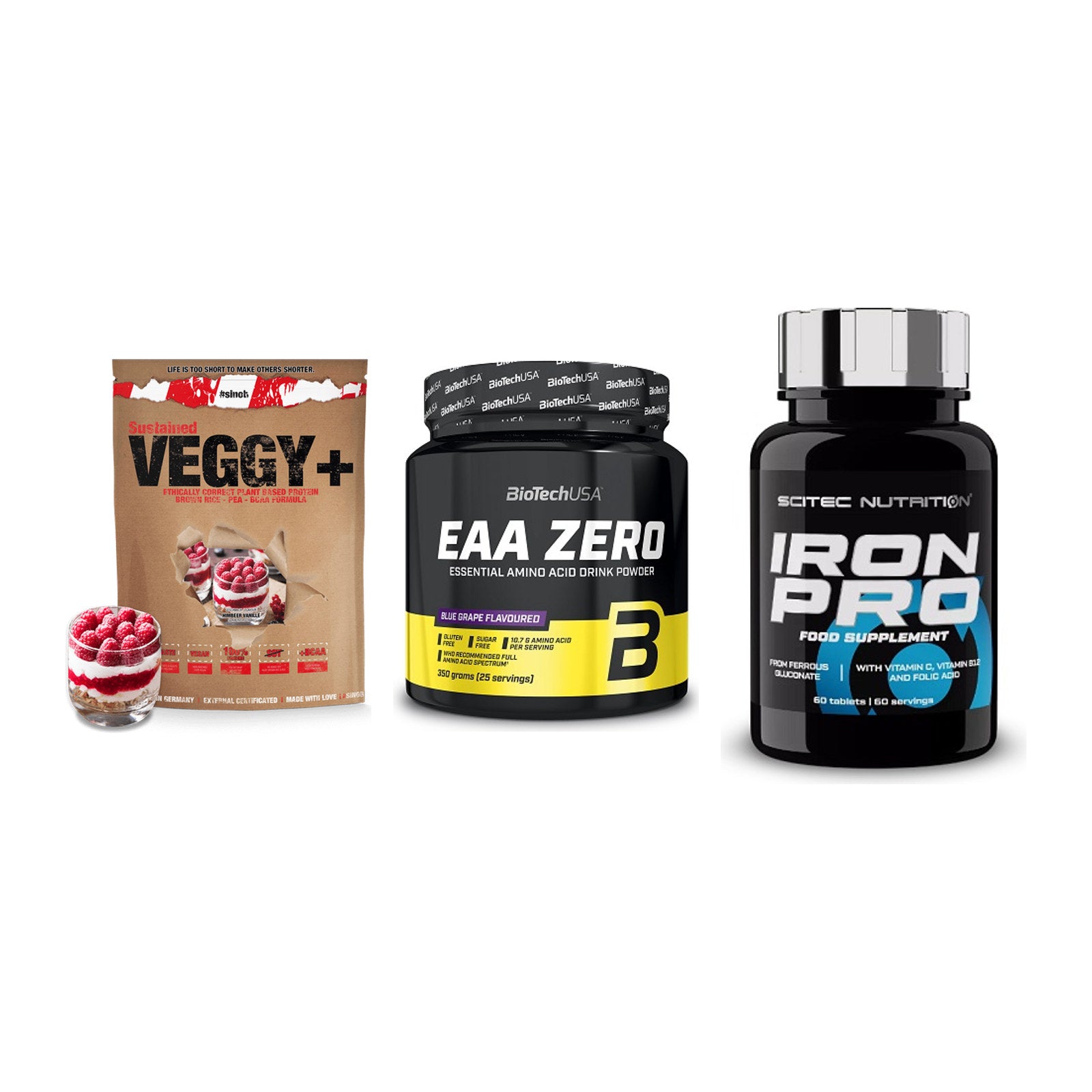 Pflanzliches Set: Sinob VEGGY + BioTech EAA + Scitec Iron Pro – alle enthaltenen Artikel
