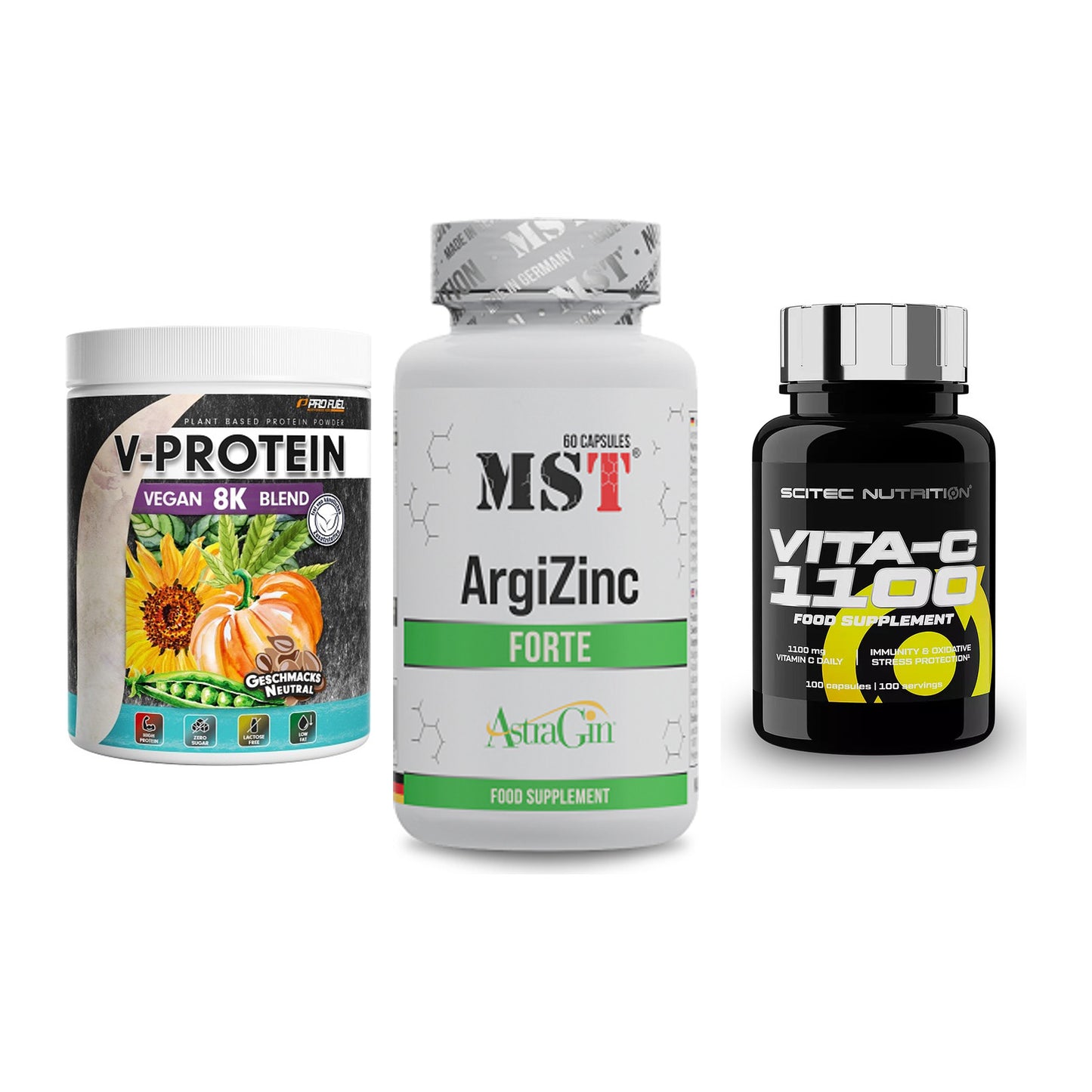 Pflanzliches Set: ProFuel V-Prote + MST ArgiZinc + Scitec Vitamin – alle enthaltenen Artikel