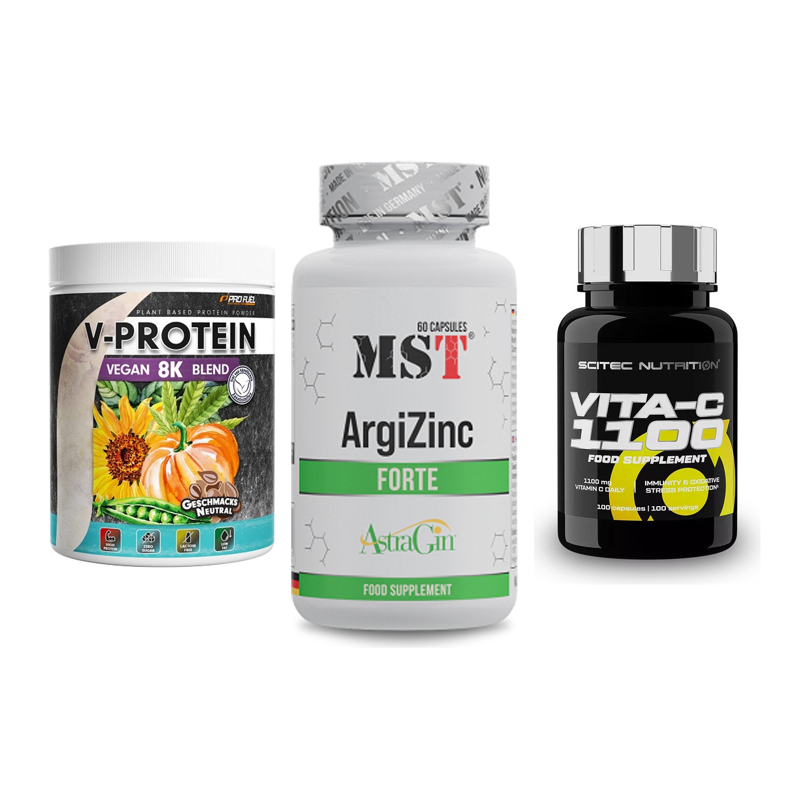 Pflanzliches Set: ProFuel V-Prote + MST ArgiZinc + Scitec Vitamin – alle enthaltenen Artikel