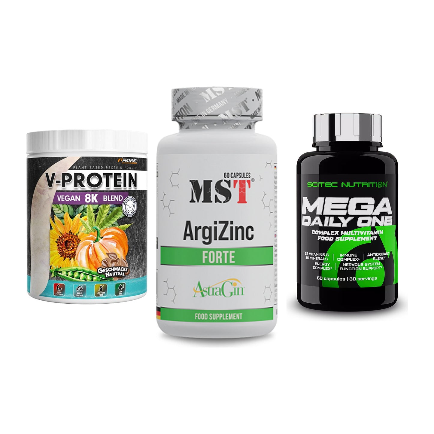 Pflanzliches Set: ProFuel V-Prote + MST ArgiZinc + Scitec Mega – alle enthaltenen Artikel