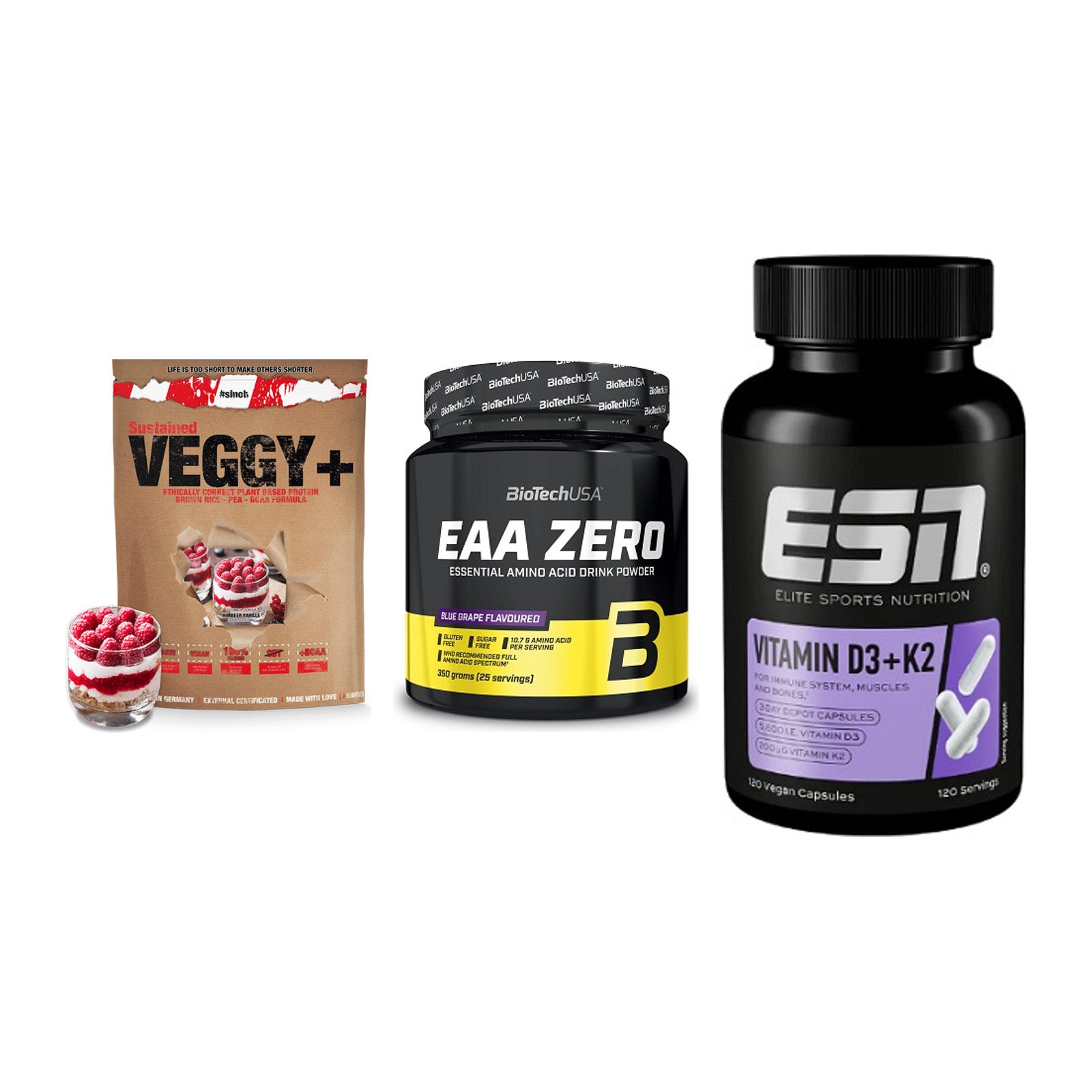 Pflanzliches Set: Sinob VEGGY + BioTech EAA + ESN Vitamin D3 – alle enthaltenen Artikel