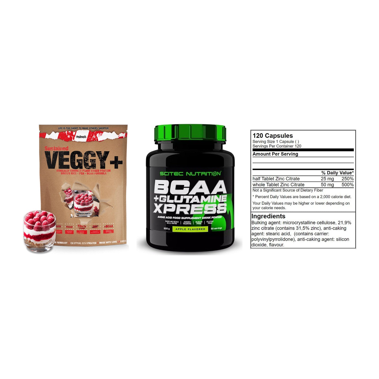 Pflanzliches Set: Sinob VEGGY + Scitec BCAA + GN Zinc Citrate – alle enthaltenen Artikel