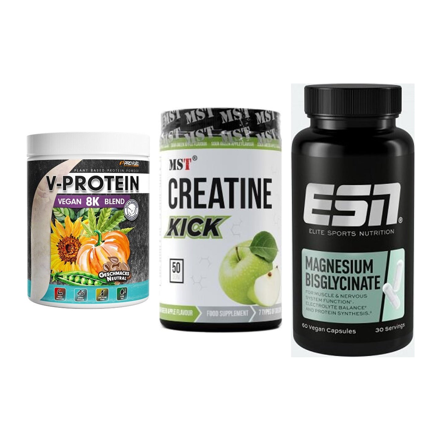 Pflanzliches Set: ProFuel V-Prote + MST Creatine + ESN Magnesium – alle enthaltenen Artikel