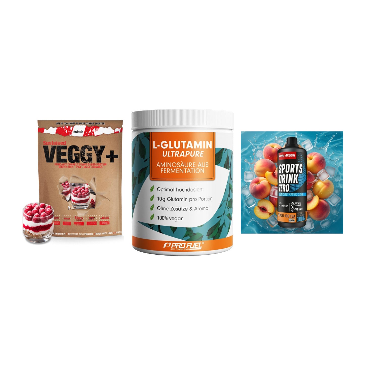 Pflanzliches Set: Sinob VEGGY + ProFuel Glutami + Body Attack – alle enthaltenen Artikel