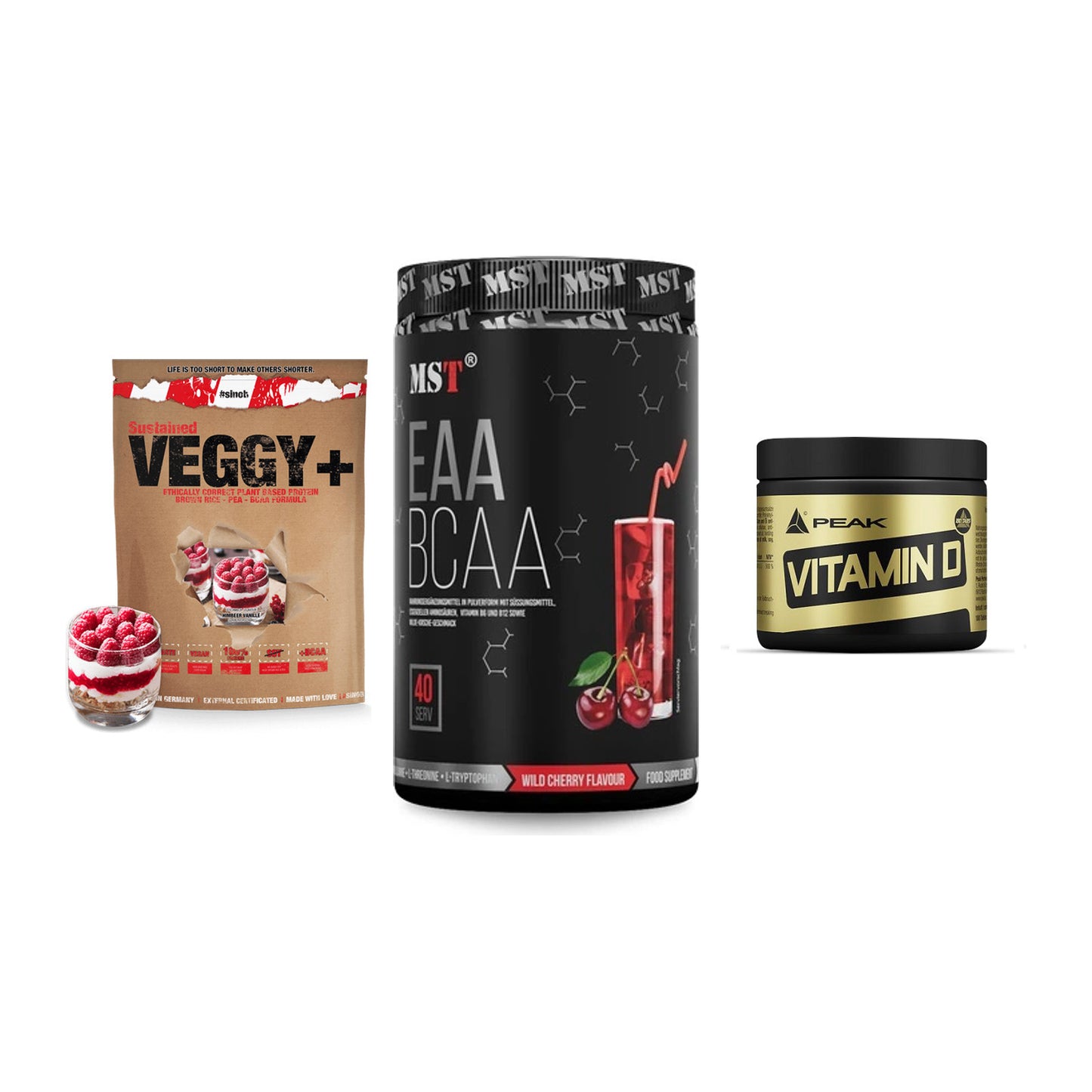 Pflanzliches Set: Sinob VEGGY + MST EAA & BCAA + Peak Vitamin D – alle enthaltenen Artikel