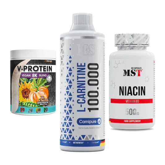Pflanzliches Set: ProFuel V-Prote + MST L-Carnitine + MST Niacin – alle enthaltenen Artikel