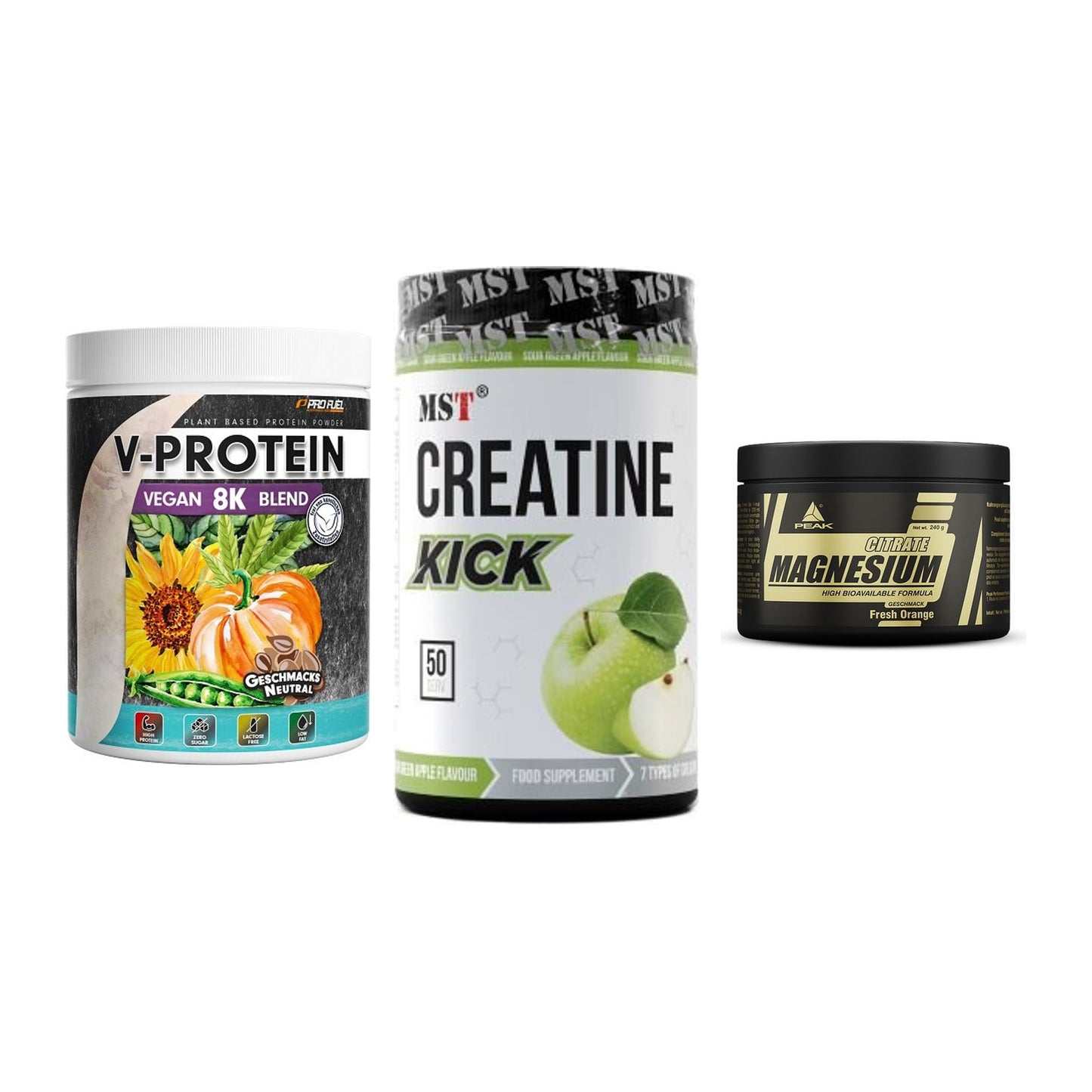 Pflanzliches Set: ProFuel V-Prote + MST Creatine + Peak Magnesium – alle enthaltenen Artikel