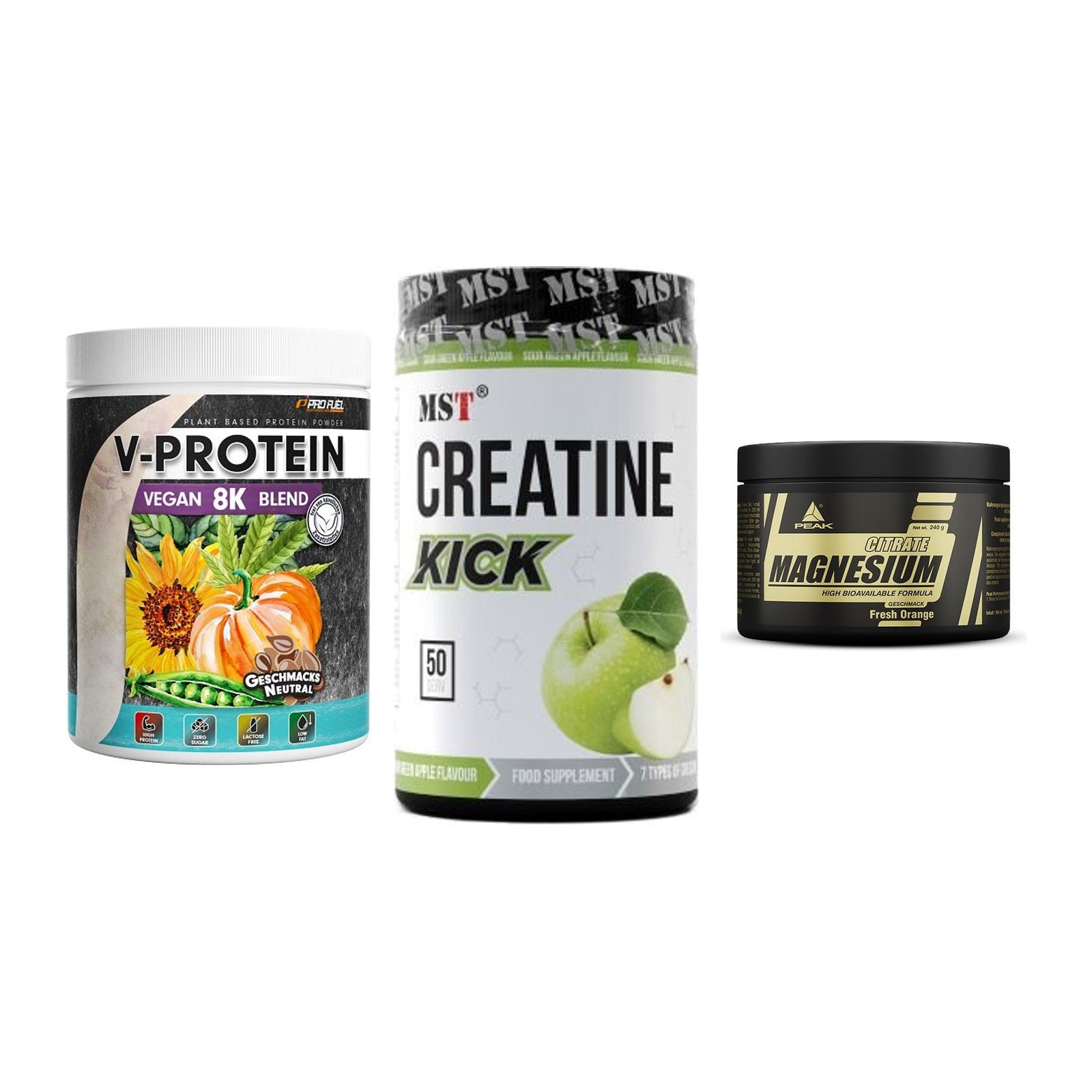 Pflanzliches Set: ProFuel V-Prote + MST Creatine + Peak Magnesium – alle enthaltenen Artikel