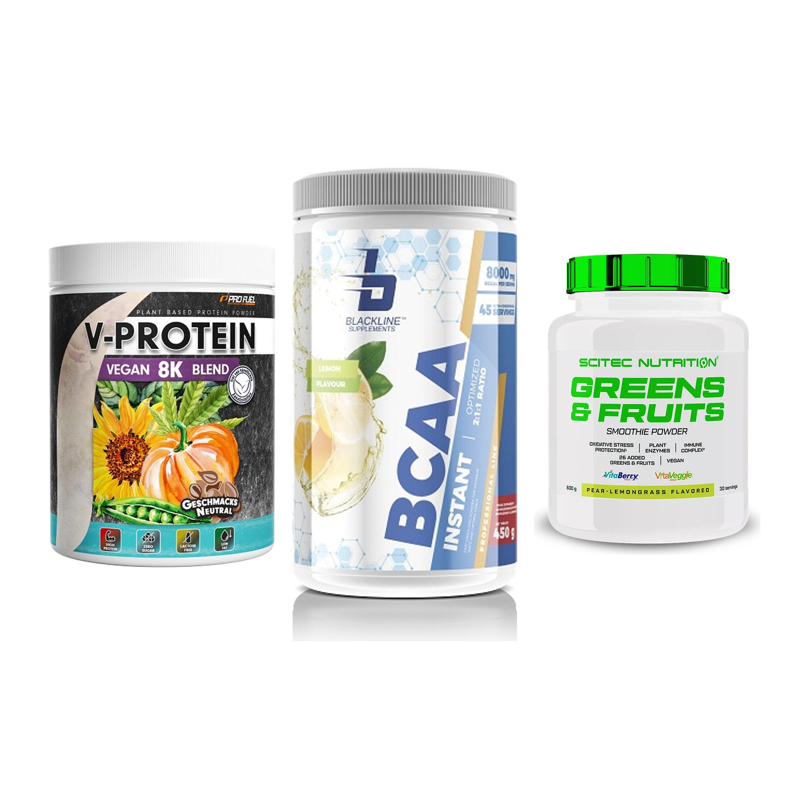 Pflanzliches Set: ProFuel V-Prote + Blackline + Scitec Greens – alle enthaltenen Artikel