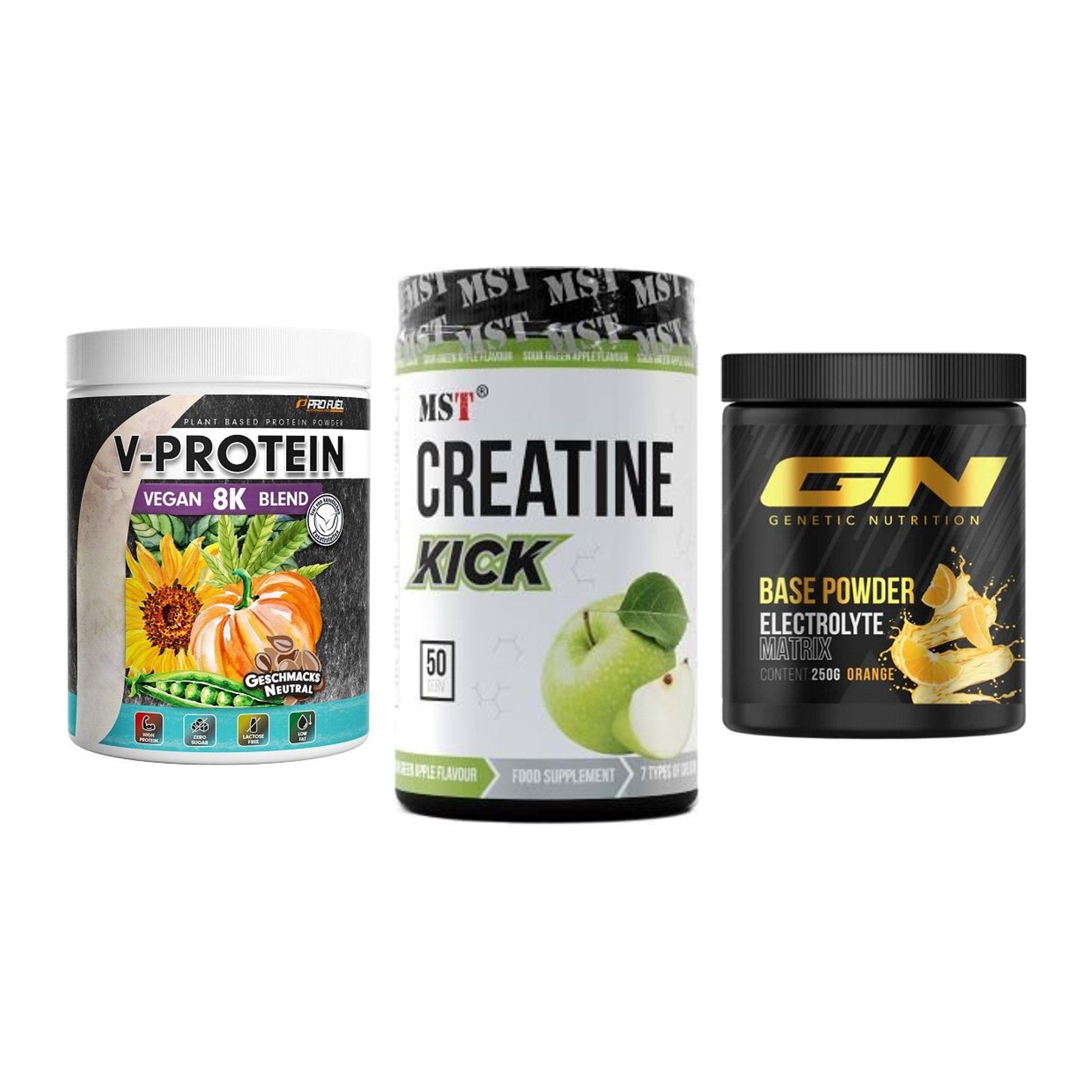 Pflanzliches Set: ProFuel V-Prote + MST Creatine + GN Base Powder – alle enthaltenen Artikel