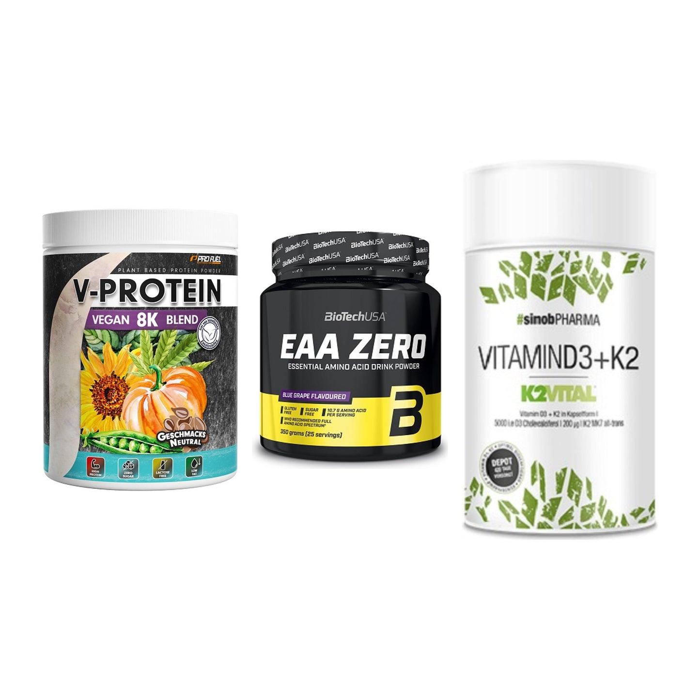 Pflanzliches Set: ProFuel V-Prote + BioTech EAA + Sinob Vitamin – alle enthaltenen Artikel