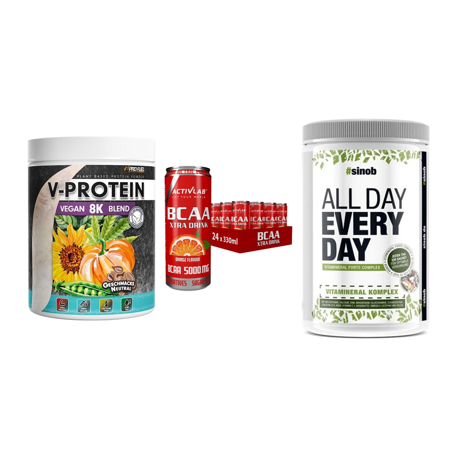 Pflanzliches Set: ProFuel V-Prote + Activlab BCAA + Sinob All Day – alle enthaltenen Artikel
