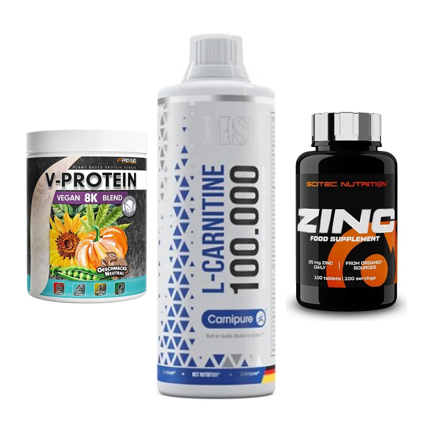 Pflanzliches Set: ProFuel V-Prote + MST L-Carnitine + Scitec Zinc – alle enthaltenen Artikel
