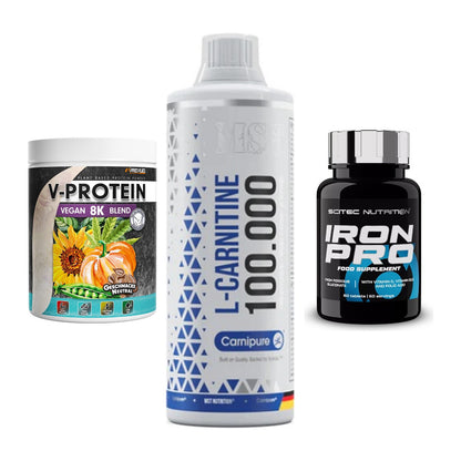 Pflanzliches Set: ProFuel V-Prote + MST L-Carnitine + Scitec Iron Pro – alle enthaltenen Artikel