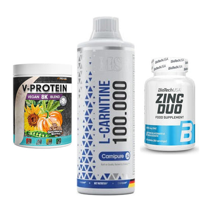 Pflanzliches Set: ProFuel V-Prote + MST L-Carnitine + BioTech Zinc – alle enthaltenen Artikel