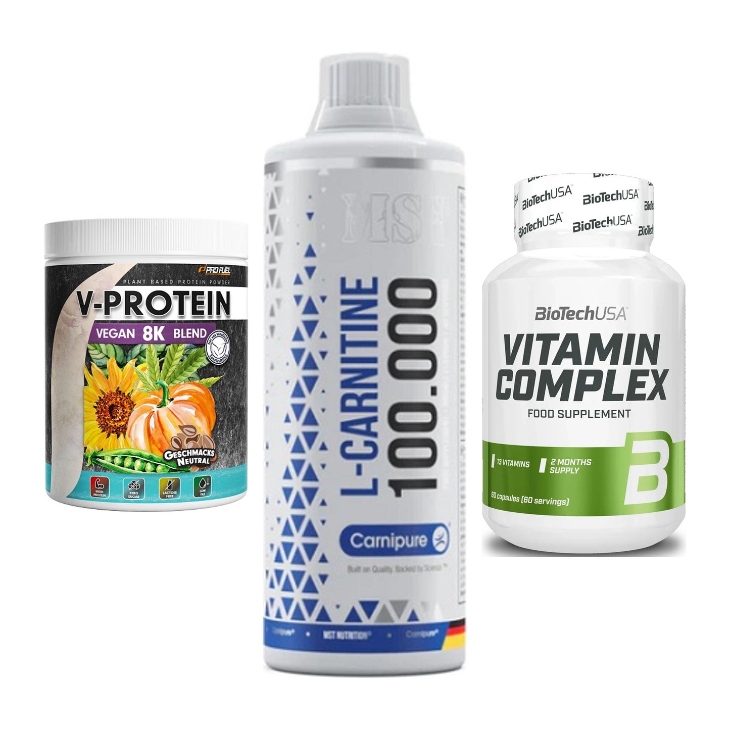 Pflanzliches Set: ProFuel V-Prote + MST L-Carnitine + BioTech Vitamin – alle enthaltenen Artikel