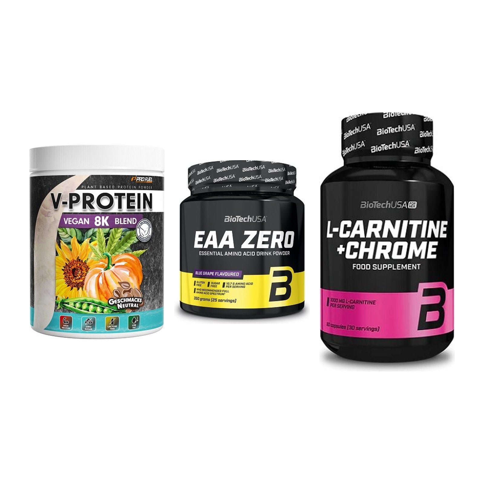 Pflanzliches Set: ProFuel V-Prote + BioTech EAA + BioTech L-Carni – alle enthaltenen Artikel