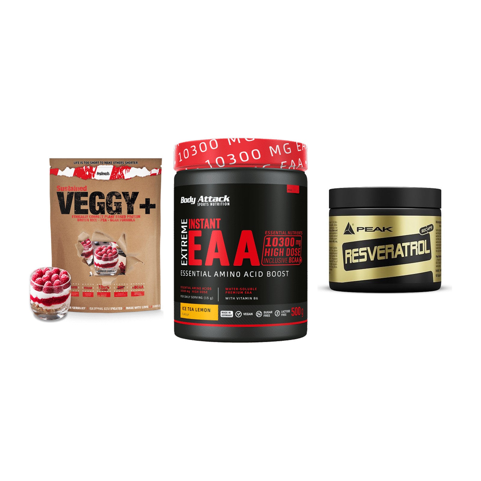 Pflanzliches Set: Sinob VEGGY + Body Attack + Peak Resveratro – alle enthaltenen Artikel
