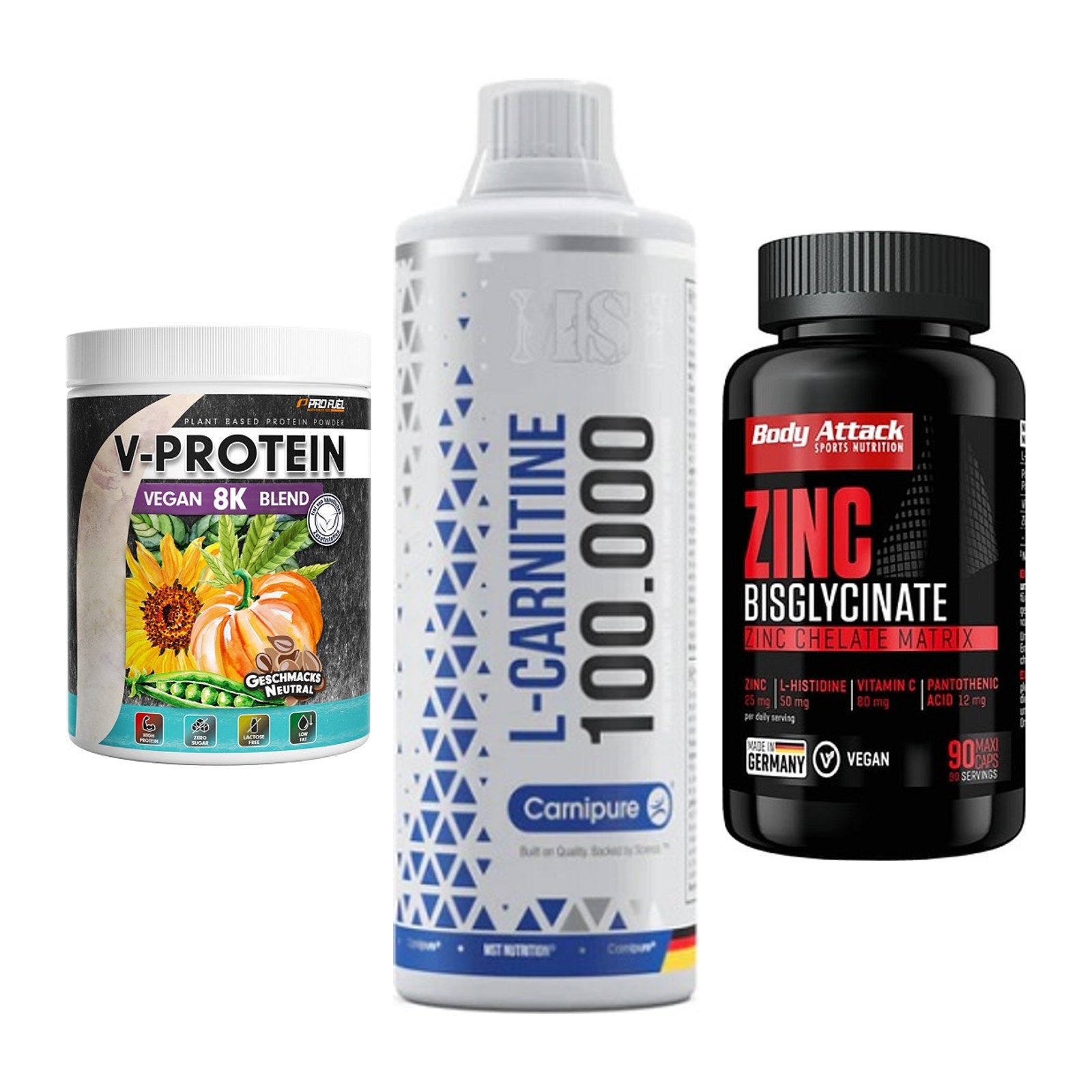 Pflanzliches Set: ProFuel V-Prote + MST L-Carnitine + Body Attack – alle enthaltenen Artikel