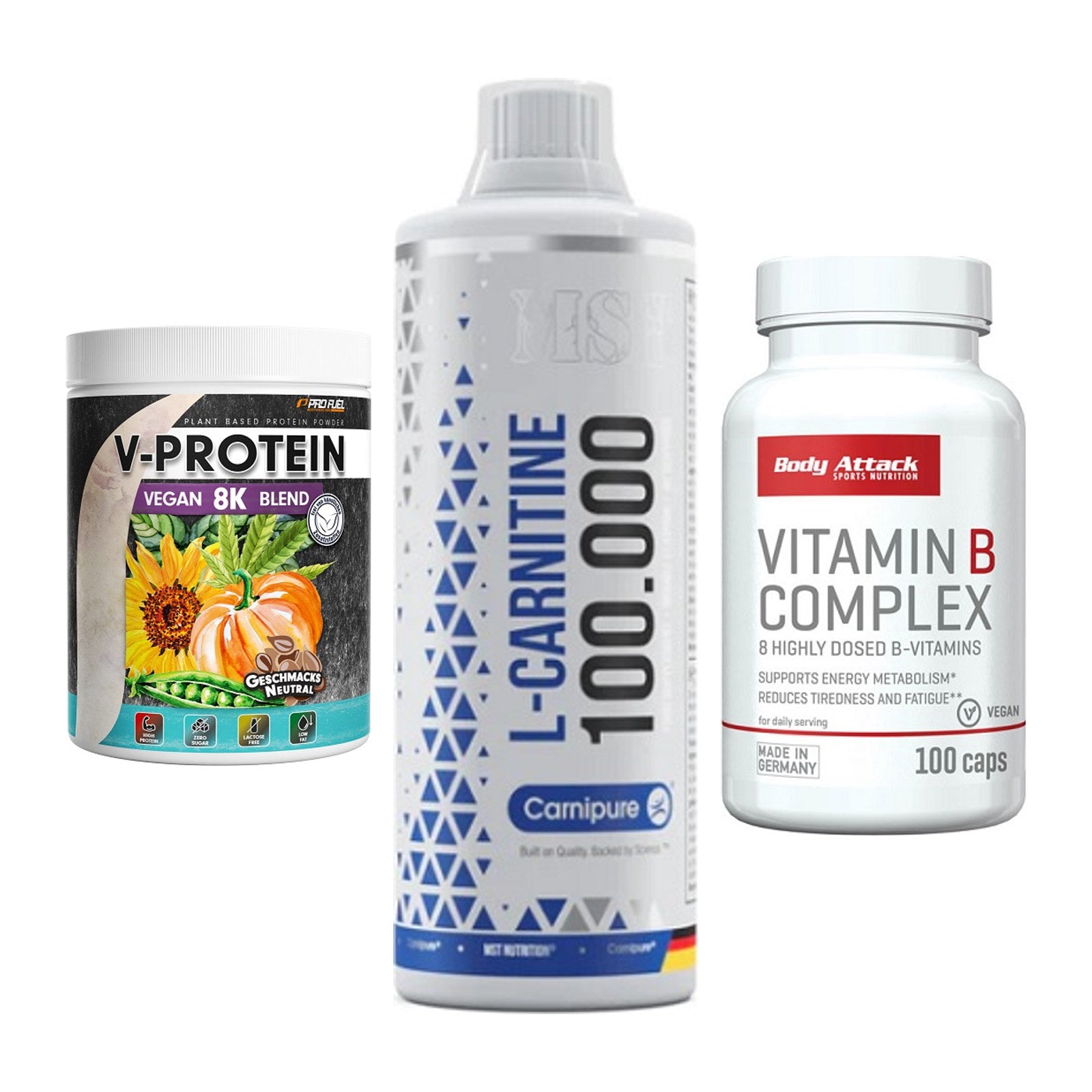 Pflanzliches Set: ProFuel V-Prote + MST L-Carnitine + Body Attack – alle enthaltenen Artikel