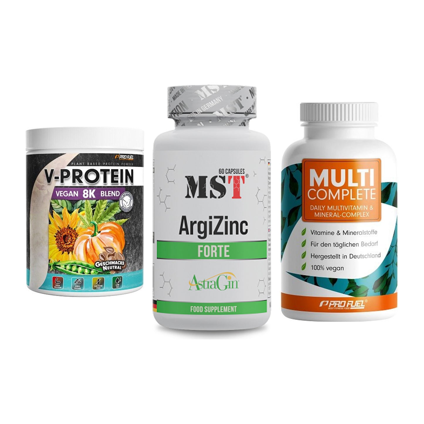 Pflanzliches Set: ProFuel V-Prote + MST ArgiZinc + ProFuel MULTI – alle enthaltenen Artikel