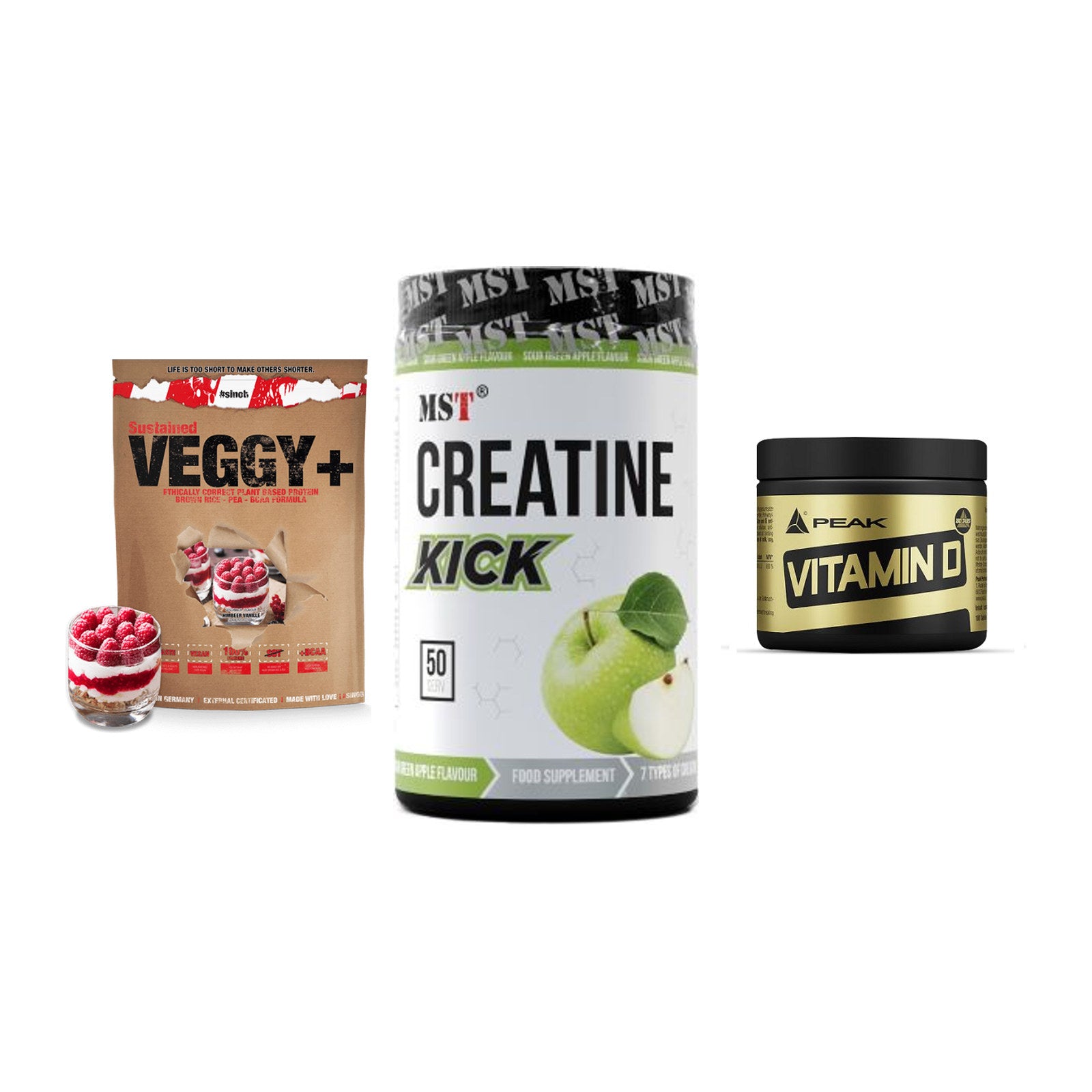 Pflanzliches Set: Sinob VEGGY + MST Creatine + Peak Vitamin D – alle enthaltenen Artikel