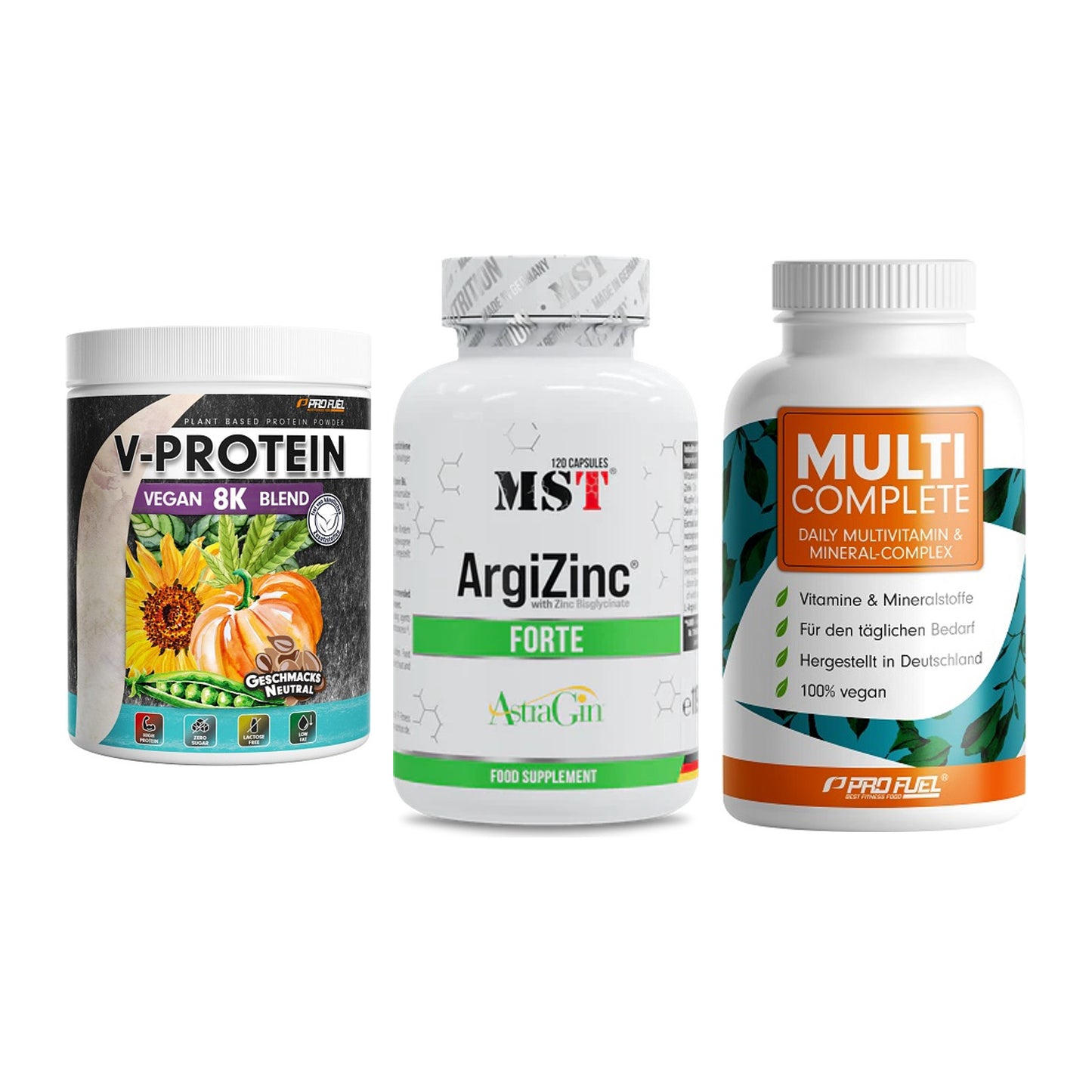 Pflanzliches Set: ProFuel V-Prote + MST ArgiZinc + ProFuel MULTI – alle enthaltenen Artikel